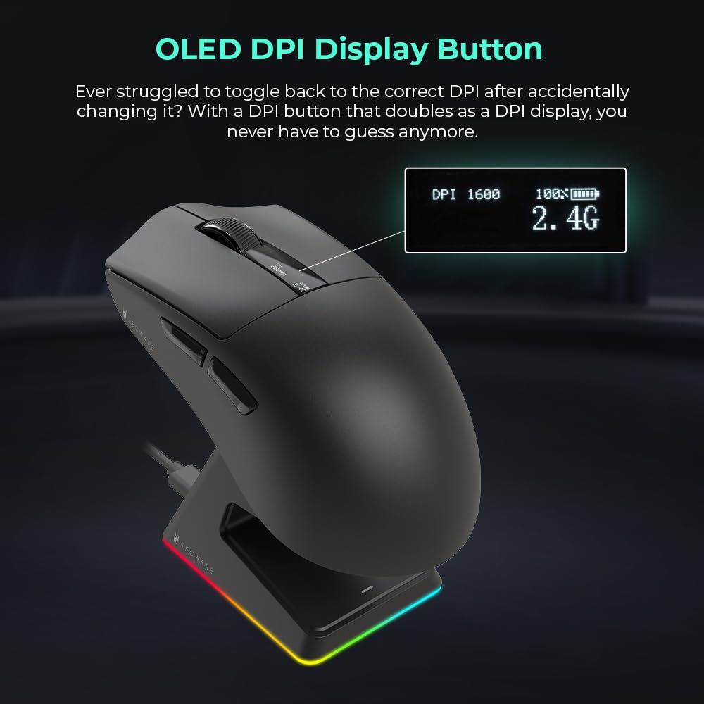 TECWARE EX1 Ultra Lightweight Wireless Gaming Mouse - 26K DPI, OLED Display, 59g Ergonomic Design, RGB Charging Dock, Tri-Mode Connectivity with PTFE Feet & Grip Tape - Perfect for FPS, MOBA & MMO Gaming (Black)