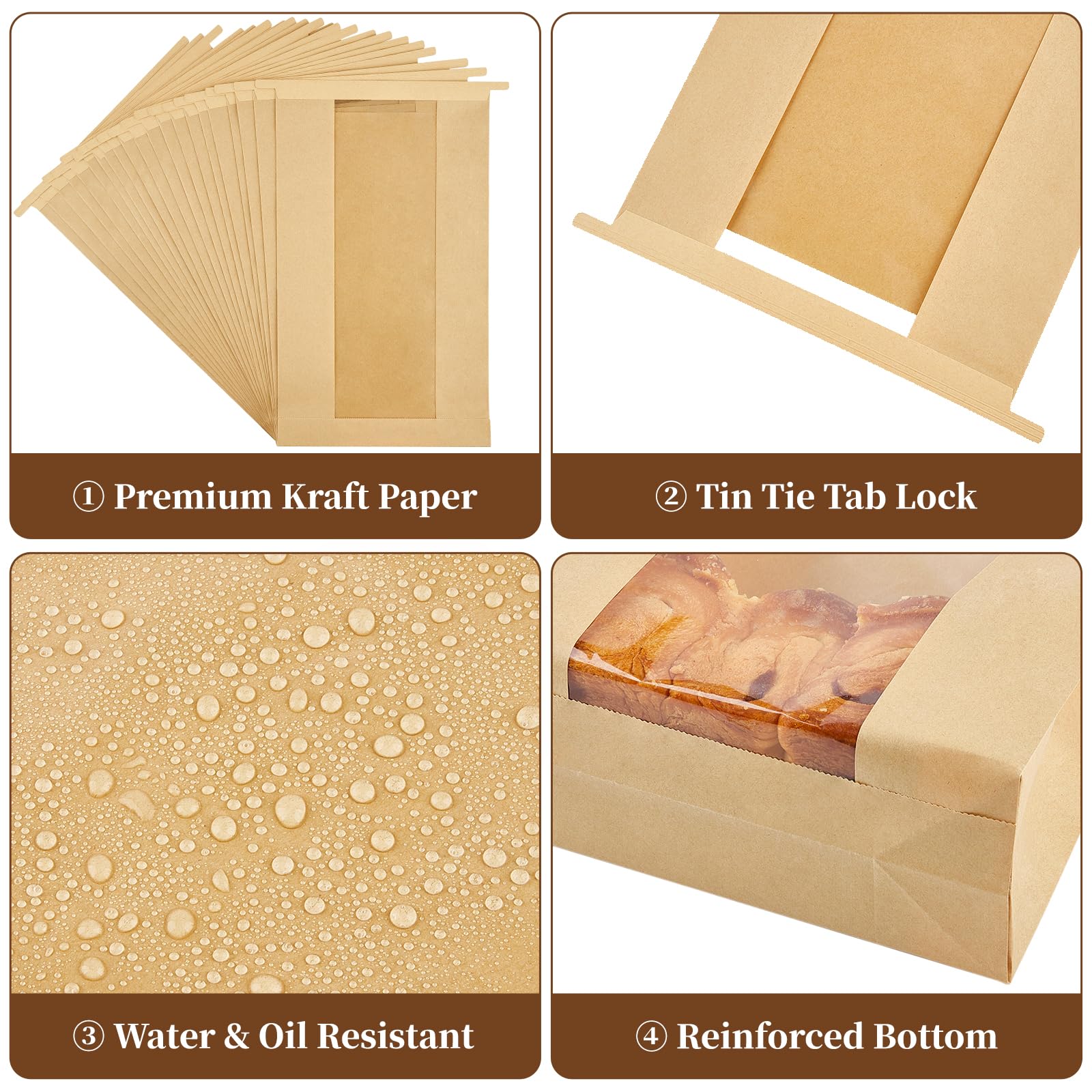 100 PCS Large Paper Bread Bags with Window - 13.7 x 8.2 x 3.5 Inches Bakery Packaging for Sourdough Bread, Homemade Loaves | Tin Tie Tab Lock & Seal Stickers | Perfect for Bakeries, Farmers Markets & Gift Packaging