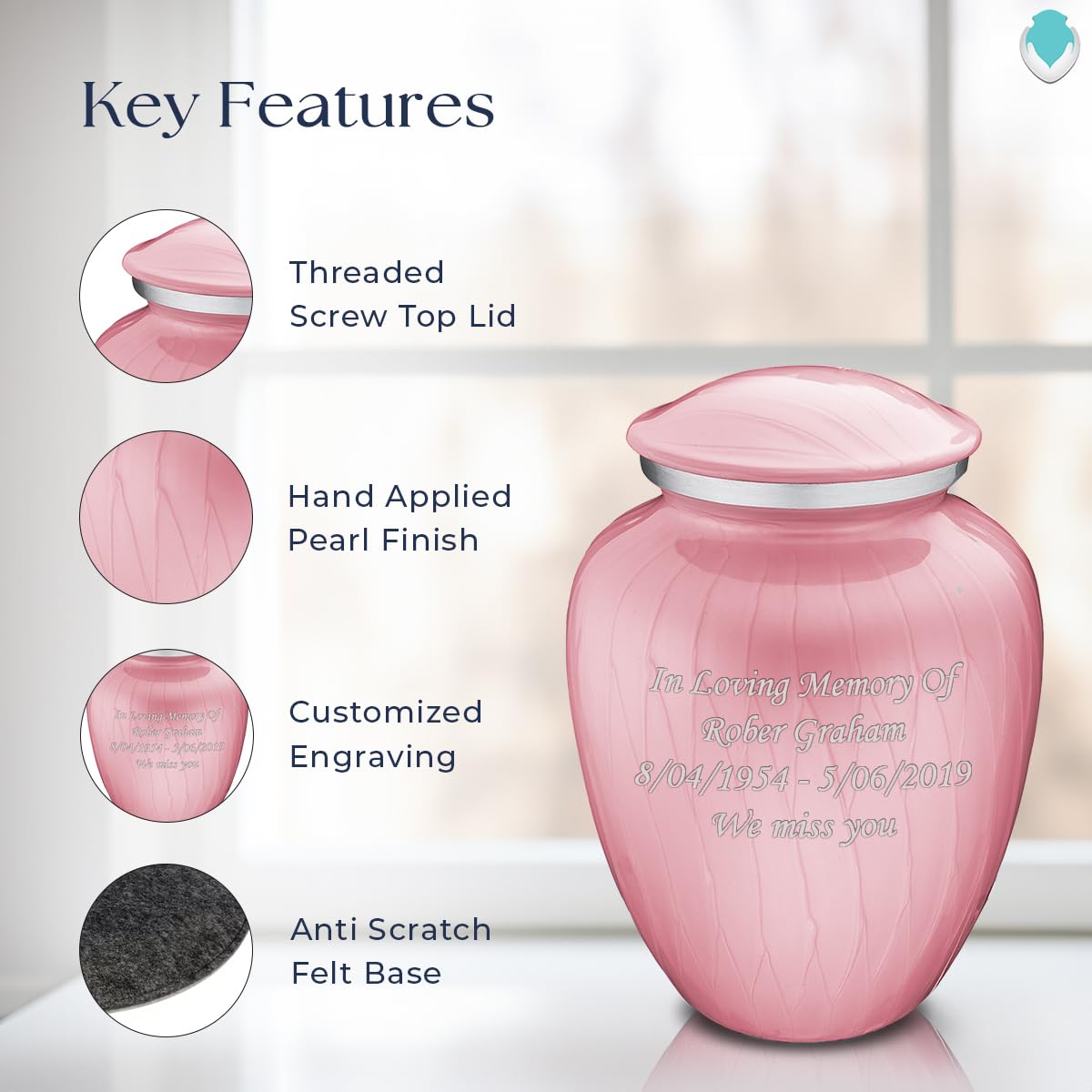 Personalized Cremation Urns for Human Ashes - Large Pearl Light Pink Funeral Urn for Adults with Double Side Engraving | Holds 200 lbs | Memorial Keepsake for Loved Ones | Perfect for Home Display or Burial Ceremony