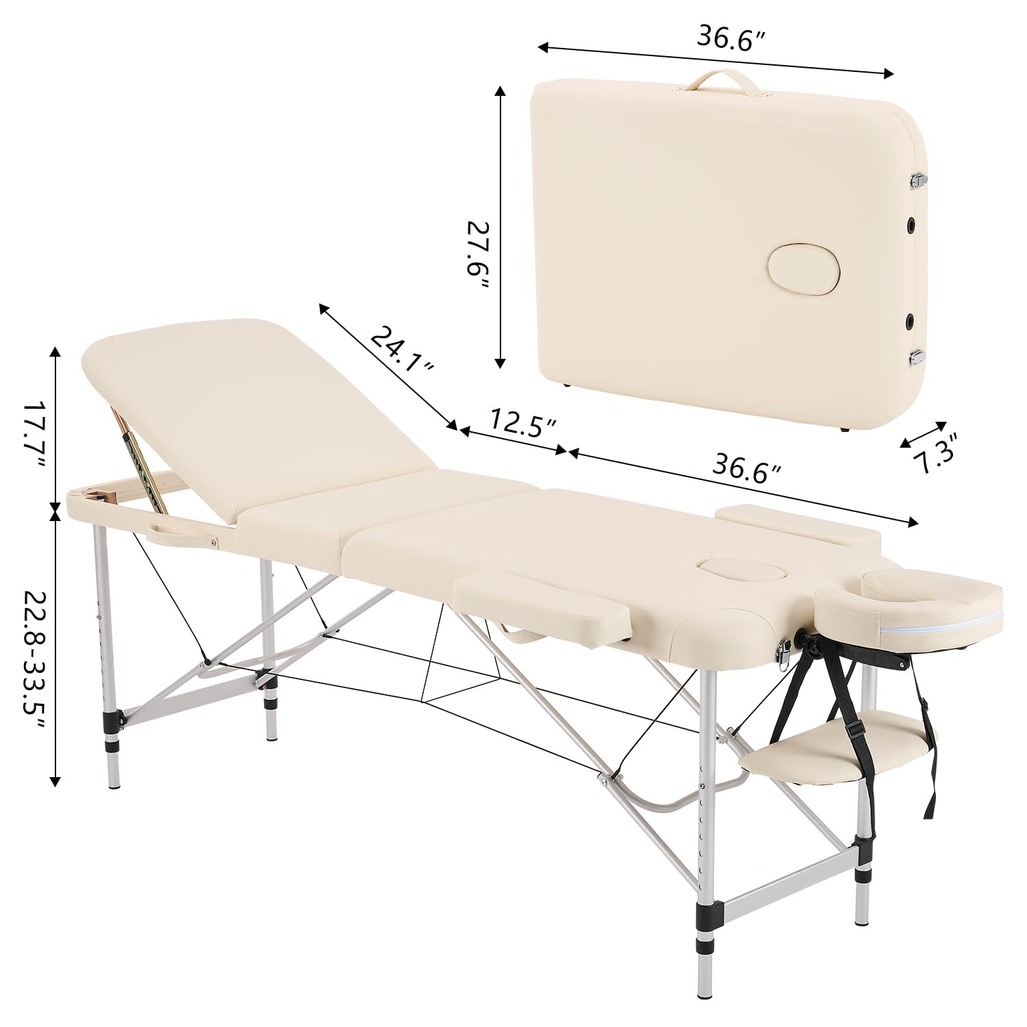 YOUNIKE Professional Portable Massage Table - Aluminum Alloy 3-Fold Design with Backrest, Lightweight & Height Adjustable - Perfect for Lash Extensions, Facial Spa, Beauty Salon, Tattoo Parlor & Home Use - Includes Full Accessories - White