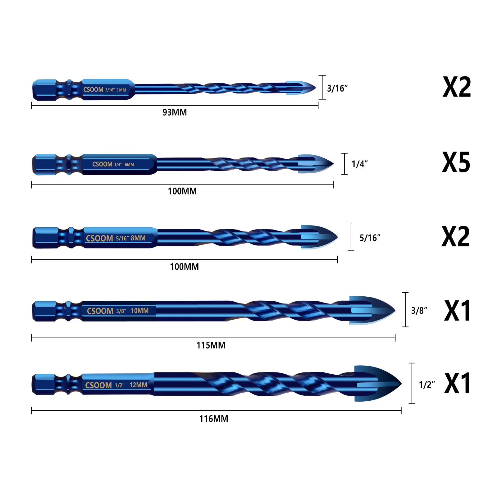 4-Piece Masonry Drill Bit Set with Industrial Strength Carbide Tips - for Tile, Cement, Brick, Glass & Wood Drilling - Perfect for Home Renovation, Construction & DIY Projects