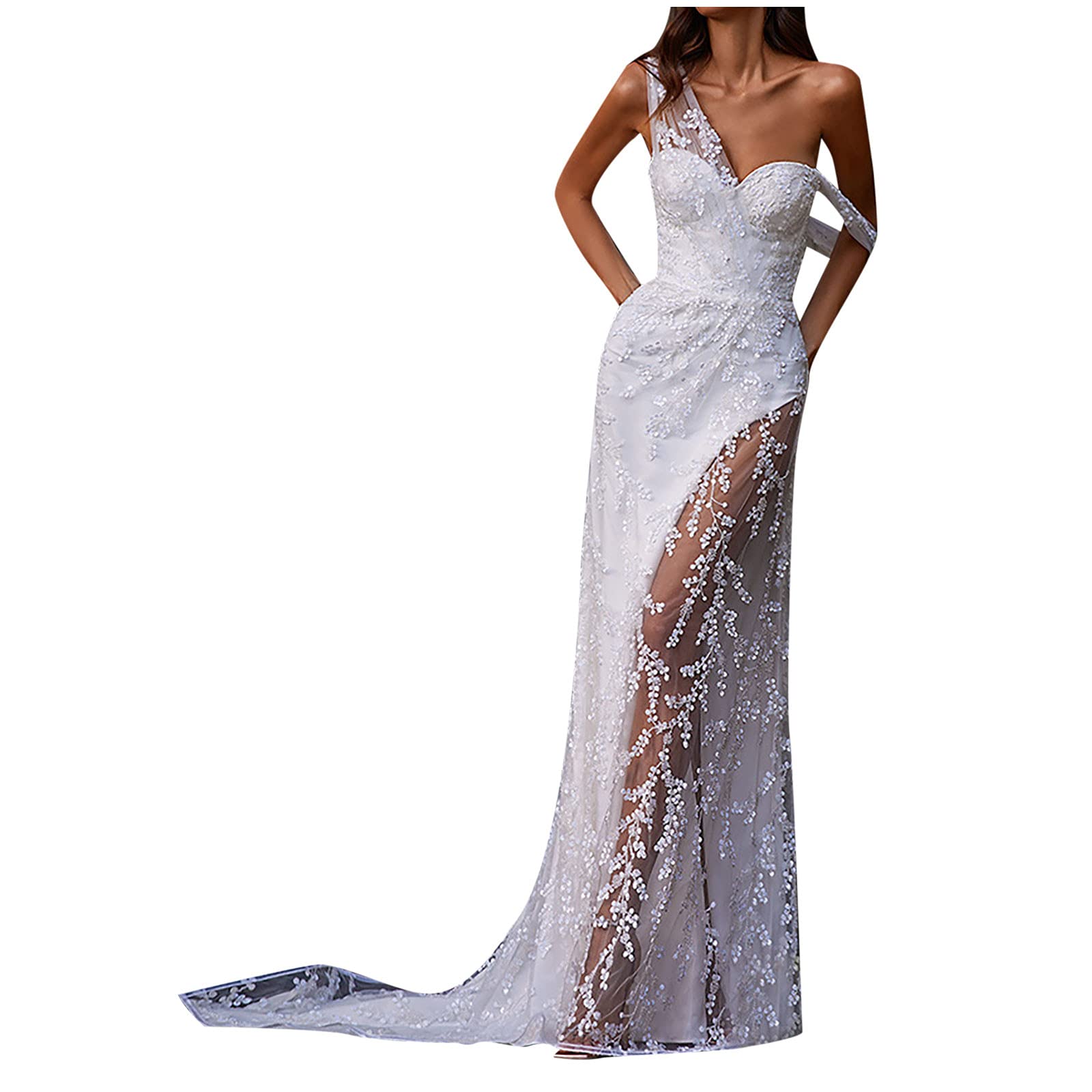 Elegant V-Neck High Slit Lace Floor Length Dress for Wedding Guest - Slim Fit Sleeveless Evening Gown for Women | Perfect for Cocktail Parties, Formal Events & Special Occasions