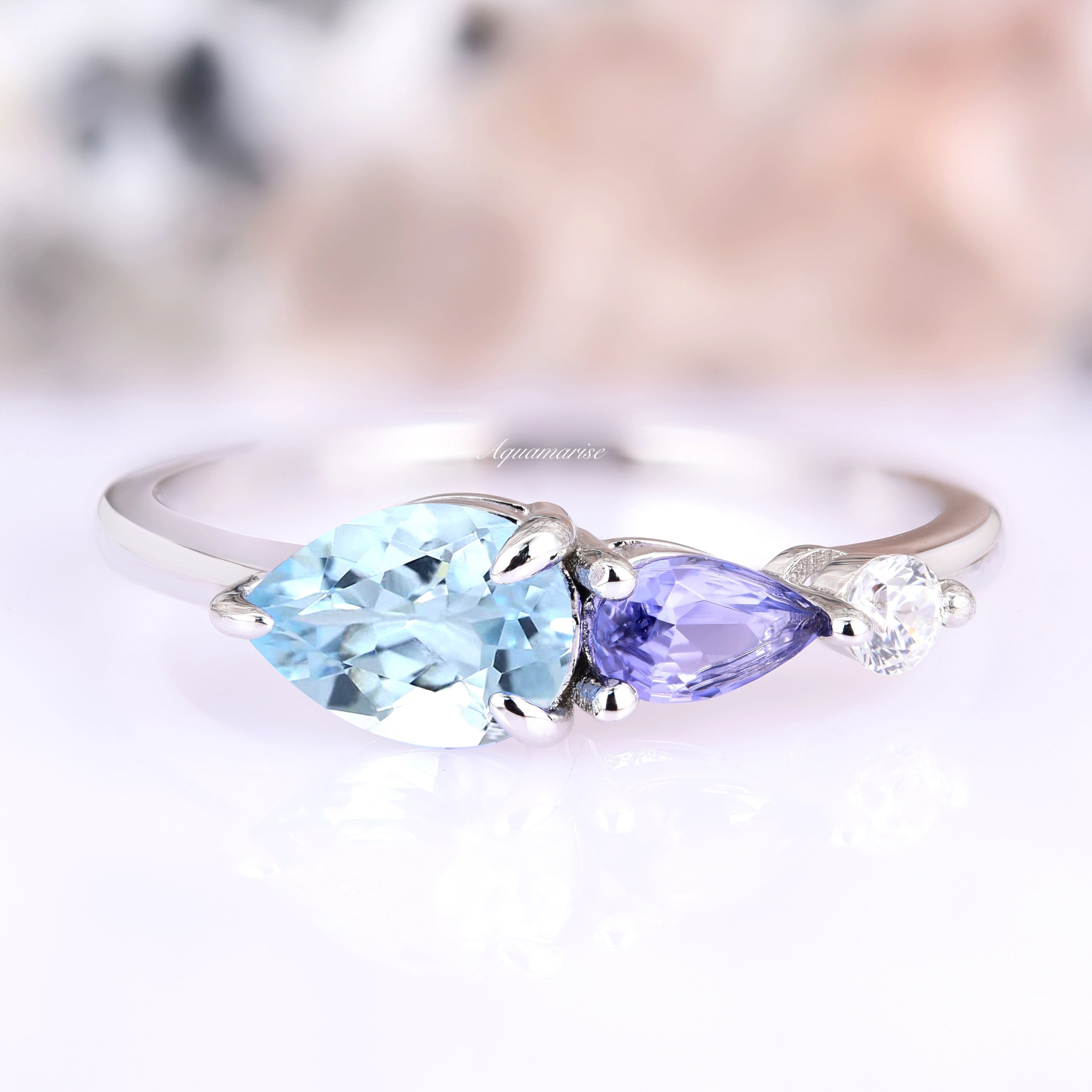 14K White Gold Aquamarine and Tanzanite Ring - Elegant Birthstone Jewelry for Women, Perfect for Engagement, Anniversary & Special Occasion Gifts