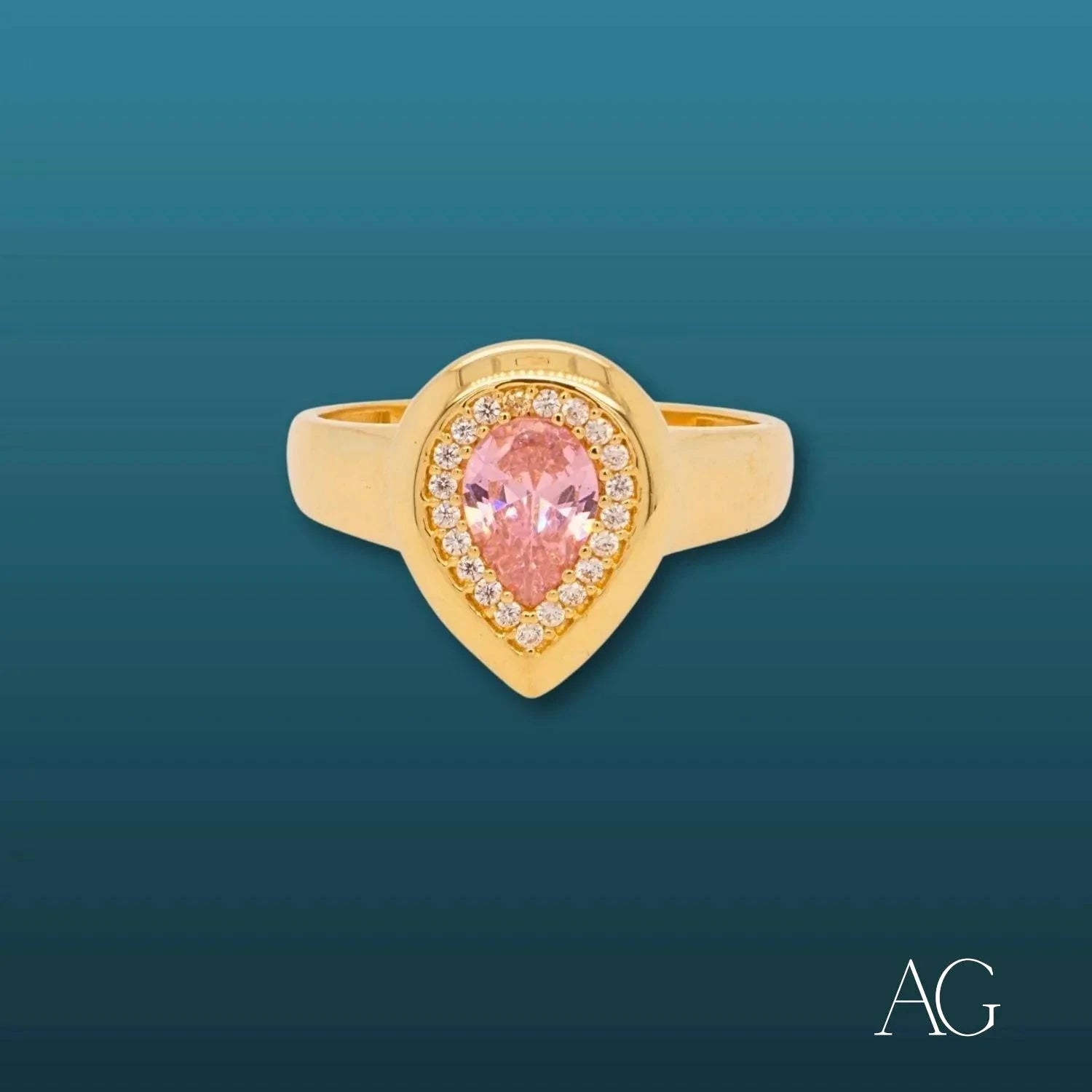18K Gold Pear Ring with Pink & White CZ Stones - Elegant Jewelry for Weddings, Parties & Special Occasions