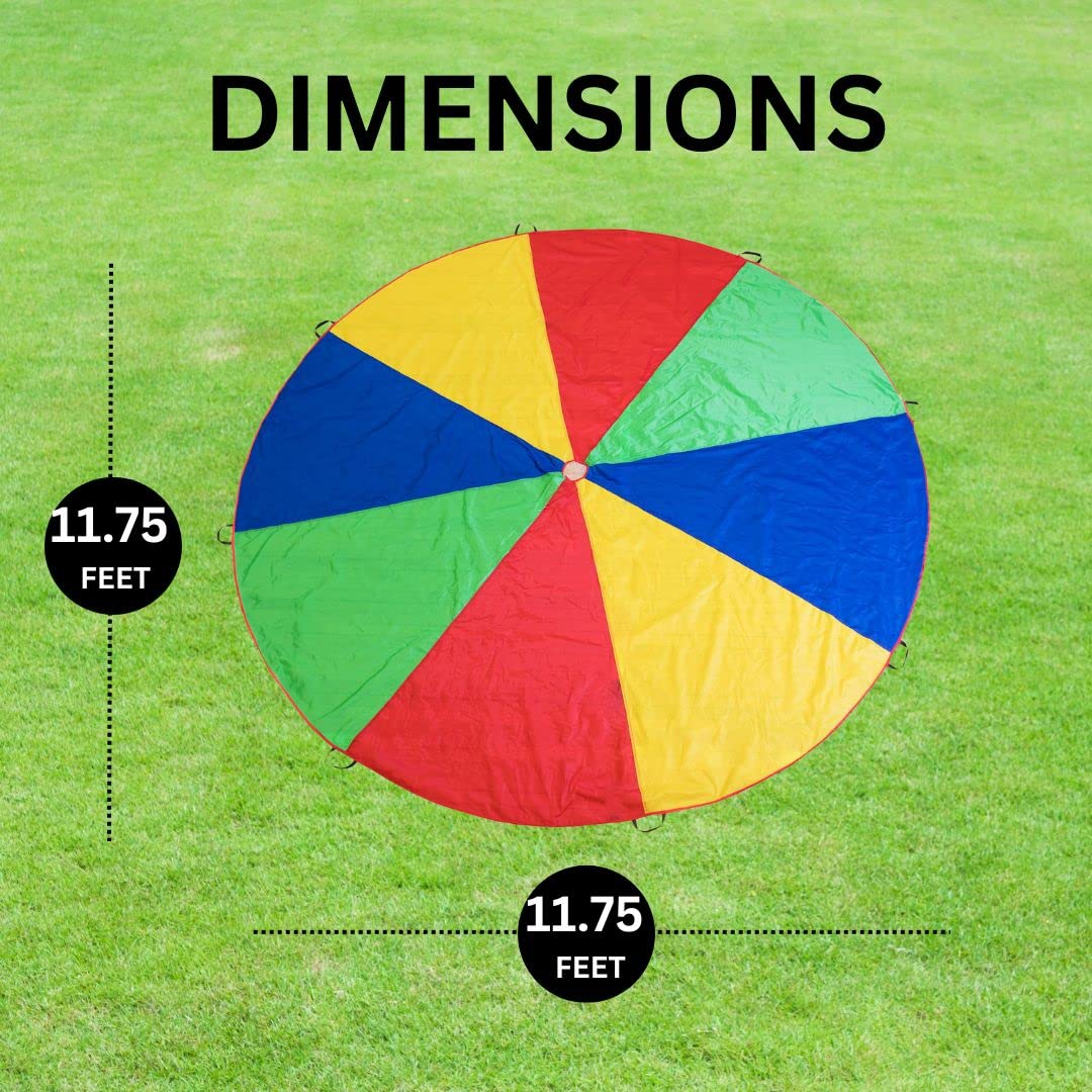 12ft Rainbow Play Parachute for Kids - Outdoor/Indoor Gym Games, Cooperative Play Toy with Handles - Perfect for Birthday Parties, School Activities & Team Building Exercises