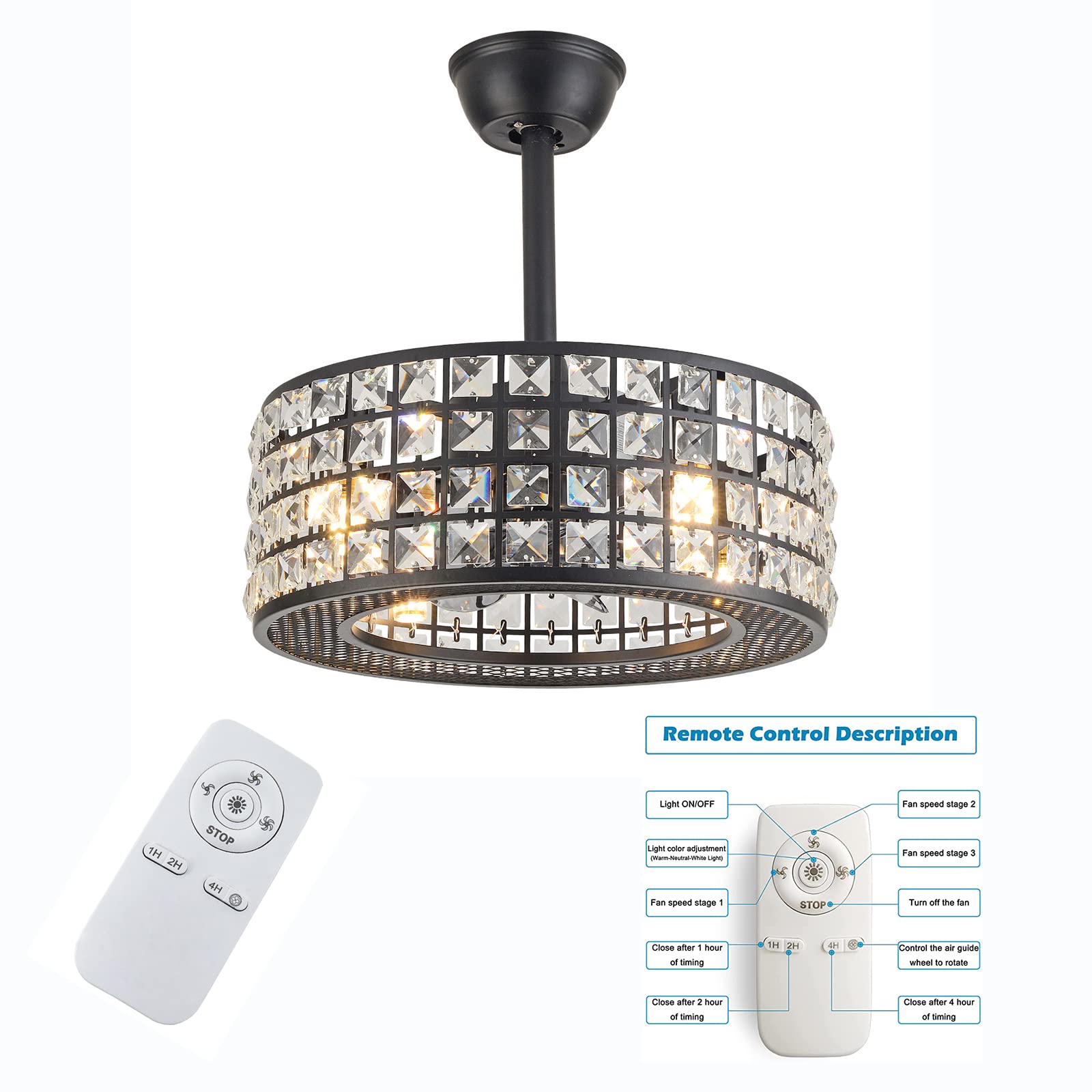 OUKANING 18 Inch Square Crystal Ceiling Fan with Light - 3 Speed Adjustable, Remote Control, Low Profile Enclosed Design for Living Room, Bedroom, Kitchen | Perfect for Modern Home Decor and Energy-Efficient Cooling