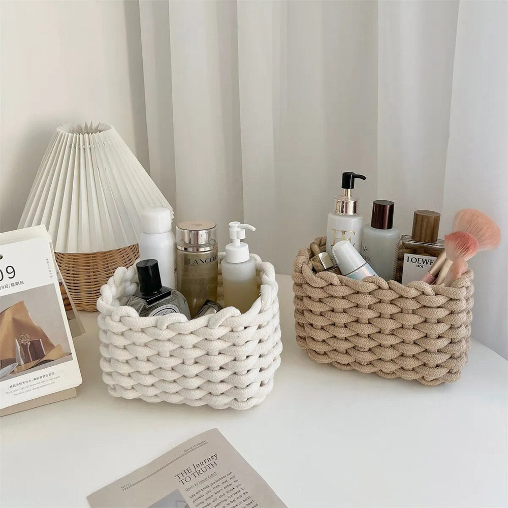 Organic Cotton Rope Woven Desk Storage Basket - Handmade Office Organizer for Pens, Notebooks & Supplies | Perfect for Home Office, Study Desk & Workspace Organization