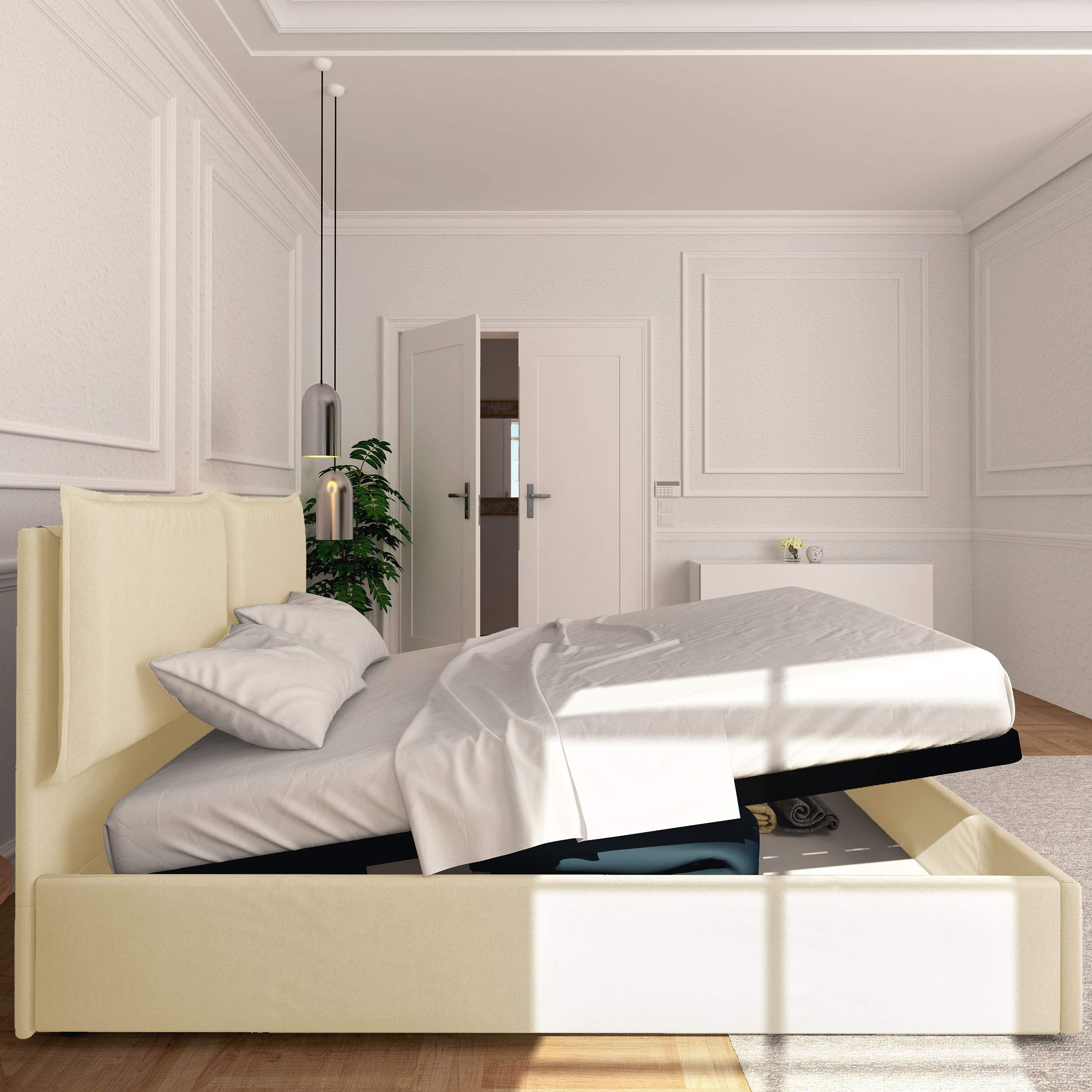 Baldiflex Licia Queen Size Bed Frame with Storage, Synthetic Upholstered Headboard, Slatted Base - Cream, 160x190cm - Perfect for Small Bedrooms & Guest Rooms