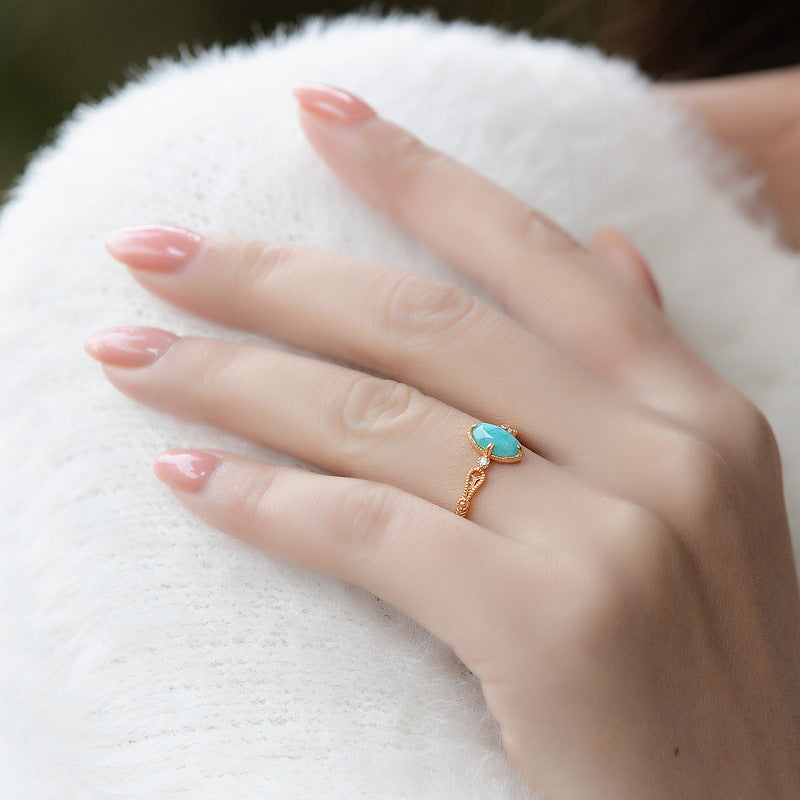 14K Gold Turquoise Clear Quartz Filigree Ring Set - Elegant Dainty Jewelry for Women | Perfect for Weddings, Parties & Everyday Wear | HJZB 360