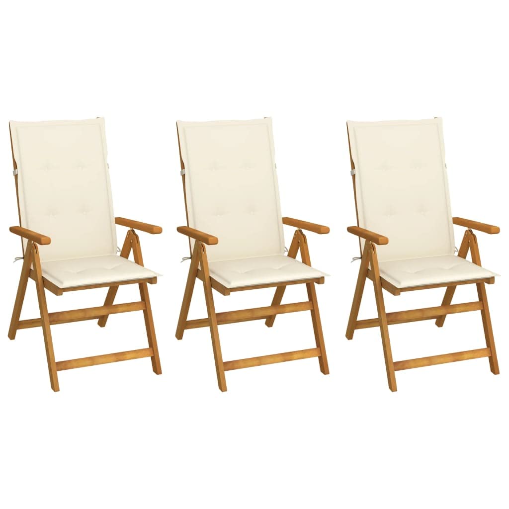 3-Piece Folding Patio Chair Set with Cream Cushions - Adjustable Reclining Acacia Wood Outdoor Furniture - Retro Style Garden Chairs for Terrace, Backyard & Poolside Relaxation
