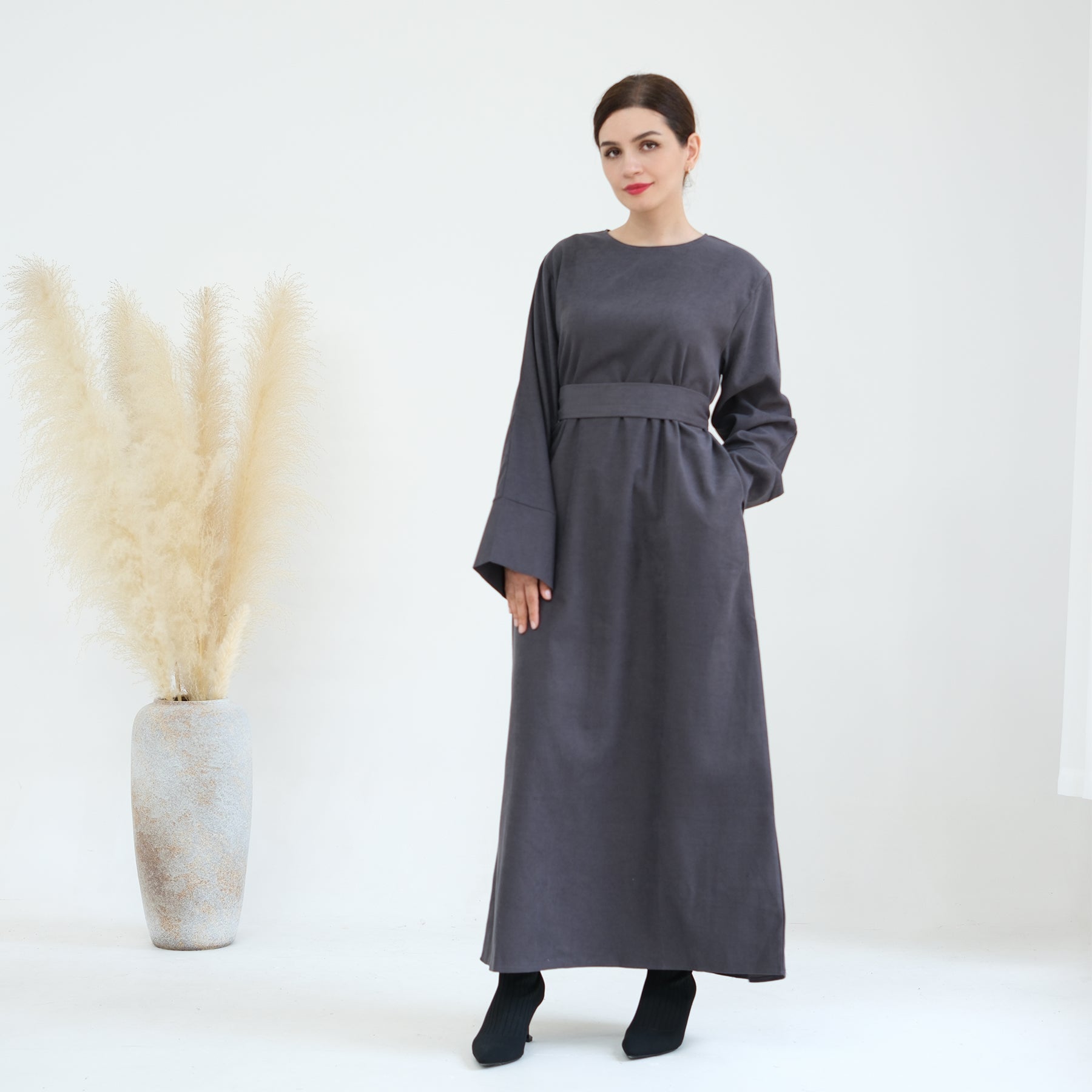 Liliana Cold Weather Abaya Dress - Gray | Modest Islamic Long Dress for Women | Perfect for Winter, Prayer & Special Occasions