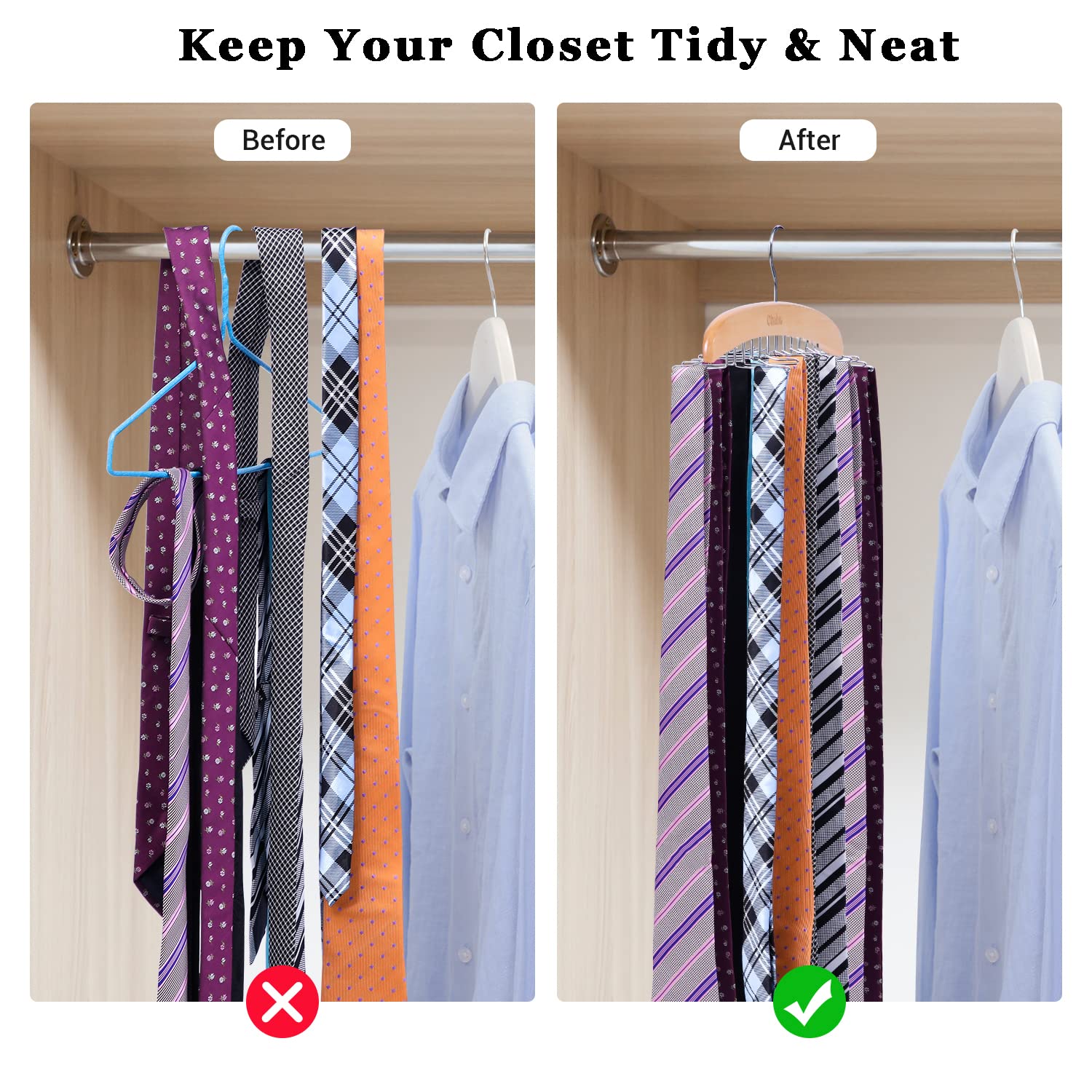 Ohuhu Wooden Tie Rack - 24 Slot Tie & Belt Organizer with Hooks for Closet Storage | Perfect for Men's Neckties, Women's Scarves & Accessories | Space-Saving Closet Organizer for Home & Office Wardrobe
