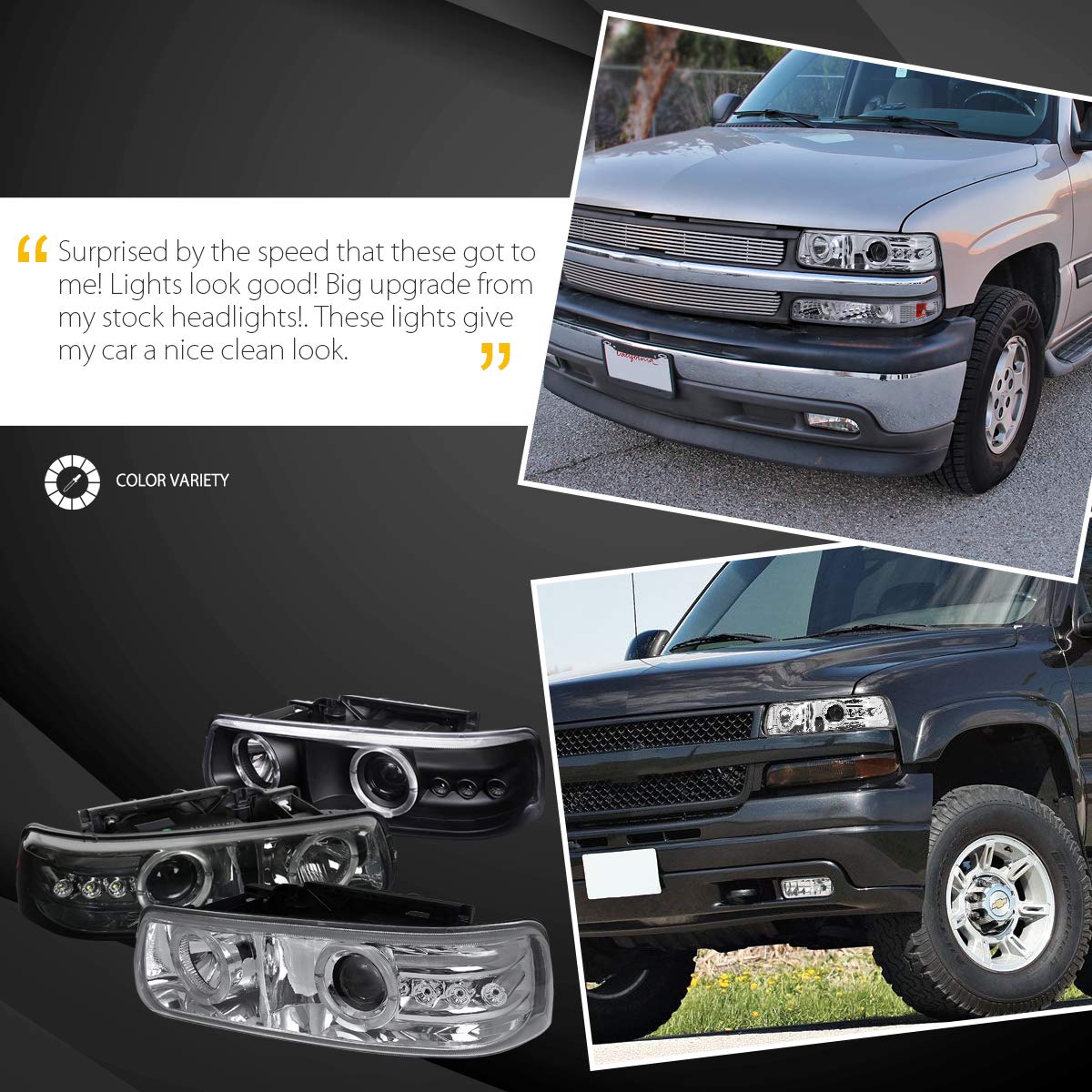 AUTOZENSATION LED Headlights Assembly for 1999-2002 Chevy Silverado & 2000-2006 Chevy Suburban/Tahoe - Dual Halo Projector Headlamps Pair (Left + Right) - Chrome Finish - Perfect for Night Driving & Off-Road Adventures
