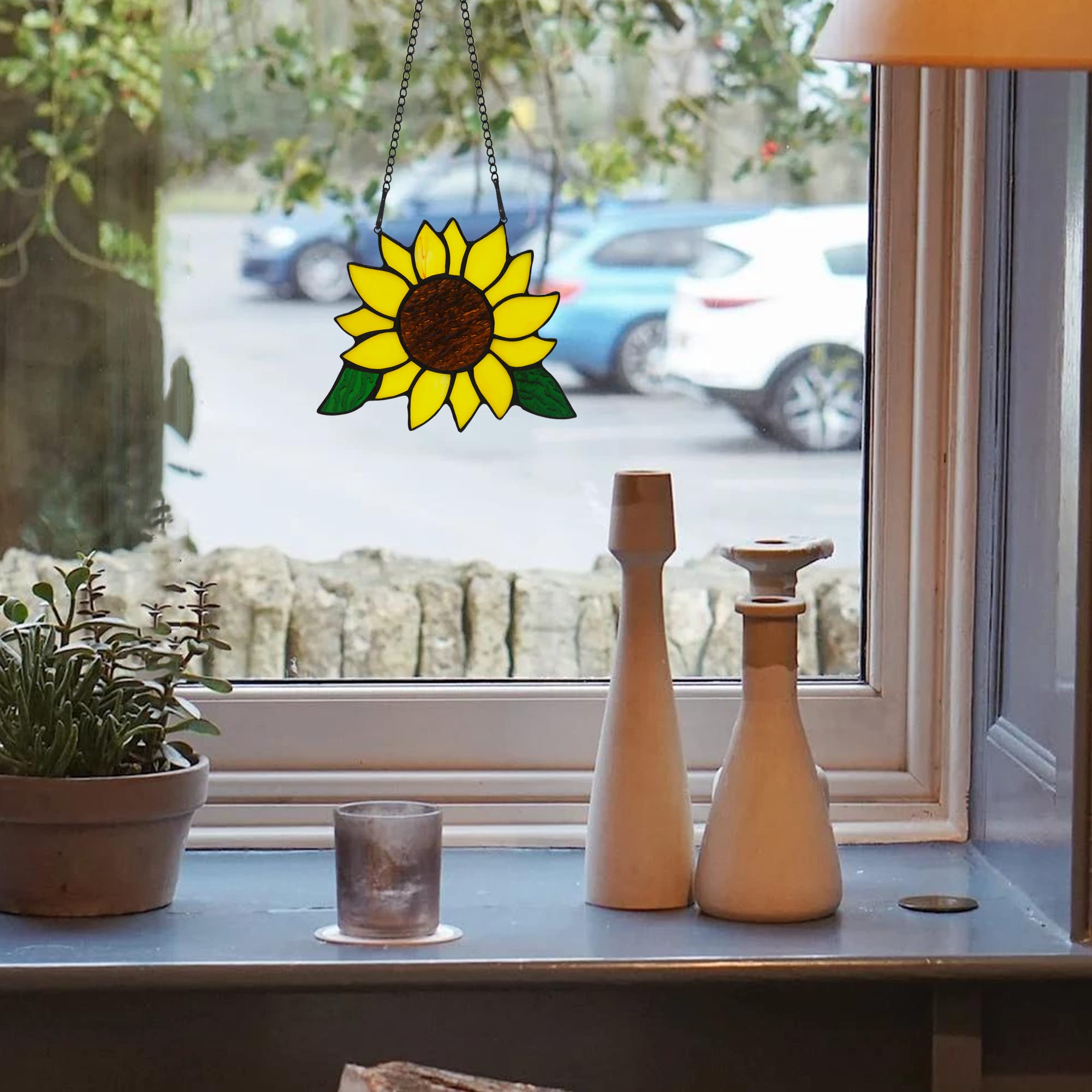 Handmade Sunflower Stained Glass Window Hanging - 5×6 Inch Kitchen Decor Suncatcher | Unique Birthday Gifts for Women, Mom & Grandma | Perfect for Home, Office & Garden Decor
