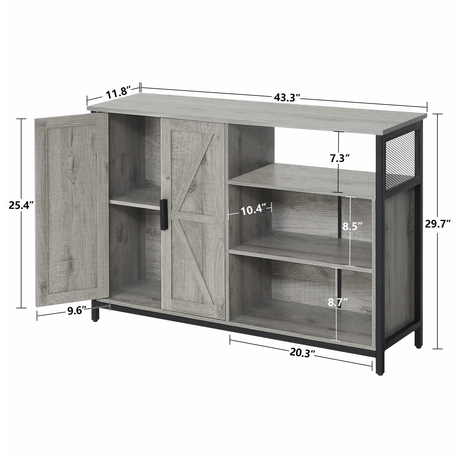 WEENFON Industrial Storage Cabinet with 2 Barn Doors - Adjustable Shelves Buffet Sideboard for Dining Room, Living Room & Kitchen - Grey | Perfect for Home Organization, Farmhouse Decor & Small Space Storage Solutions