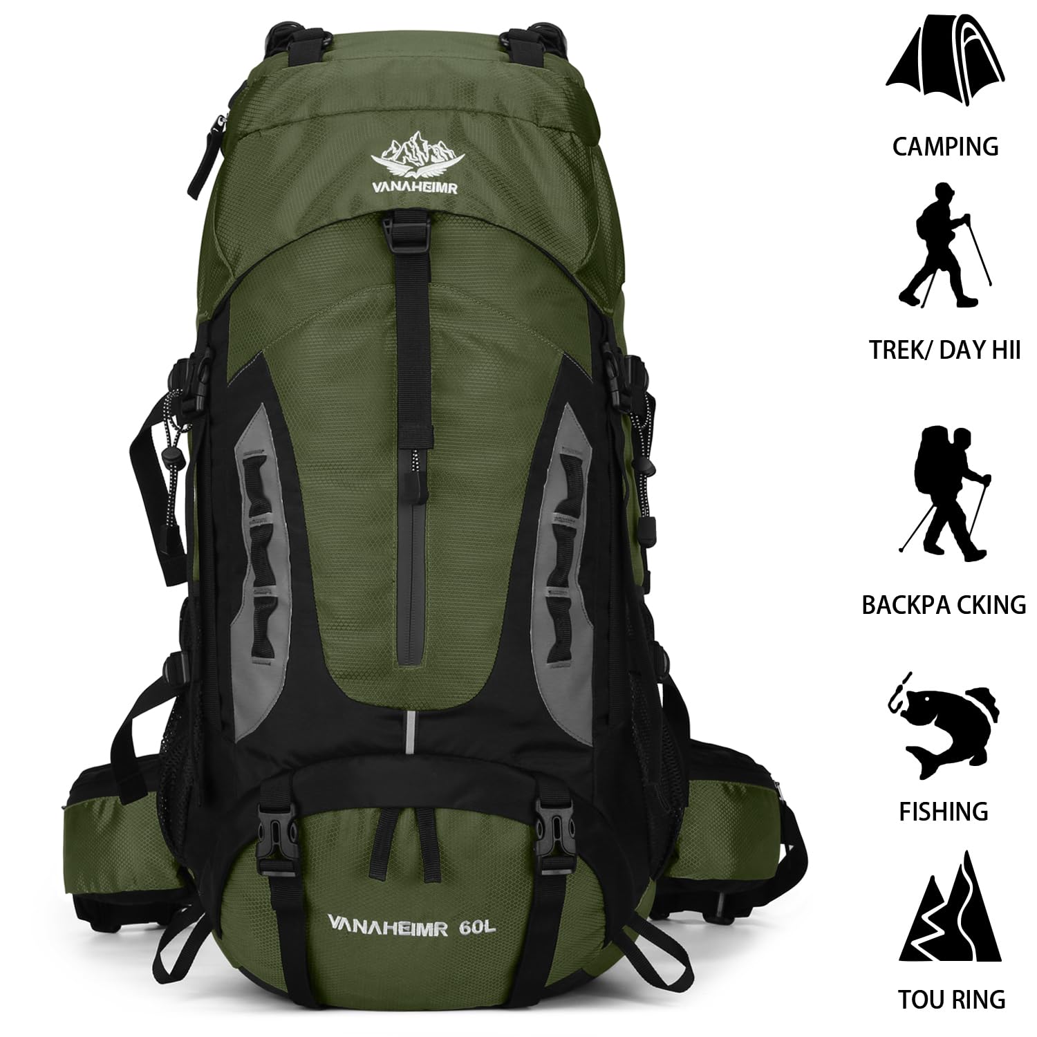 **Esup 60L Lightweight Hiking Backpack for Men - Waterproof Camping Backpack with Rain Cover, Durable Travel Backpack for Outdoor Adventures (Army Green) - Perfect for Trekking, Backpacking & Travel**