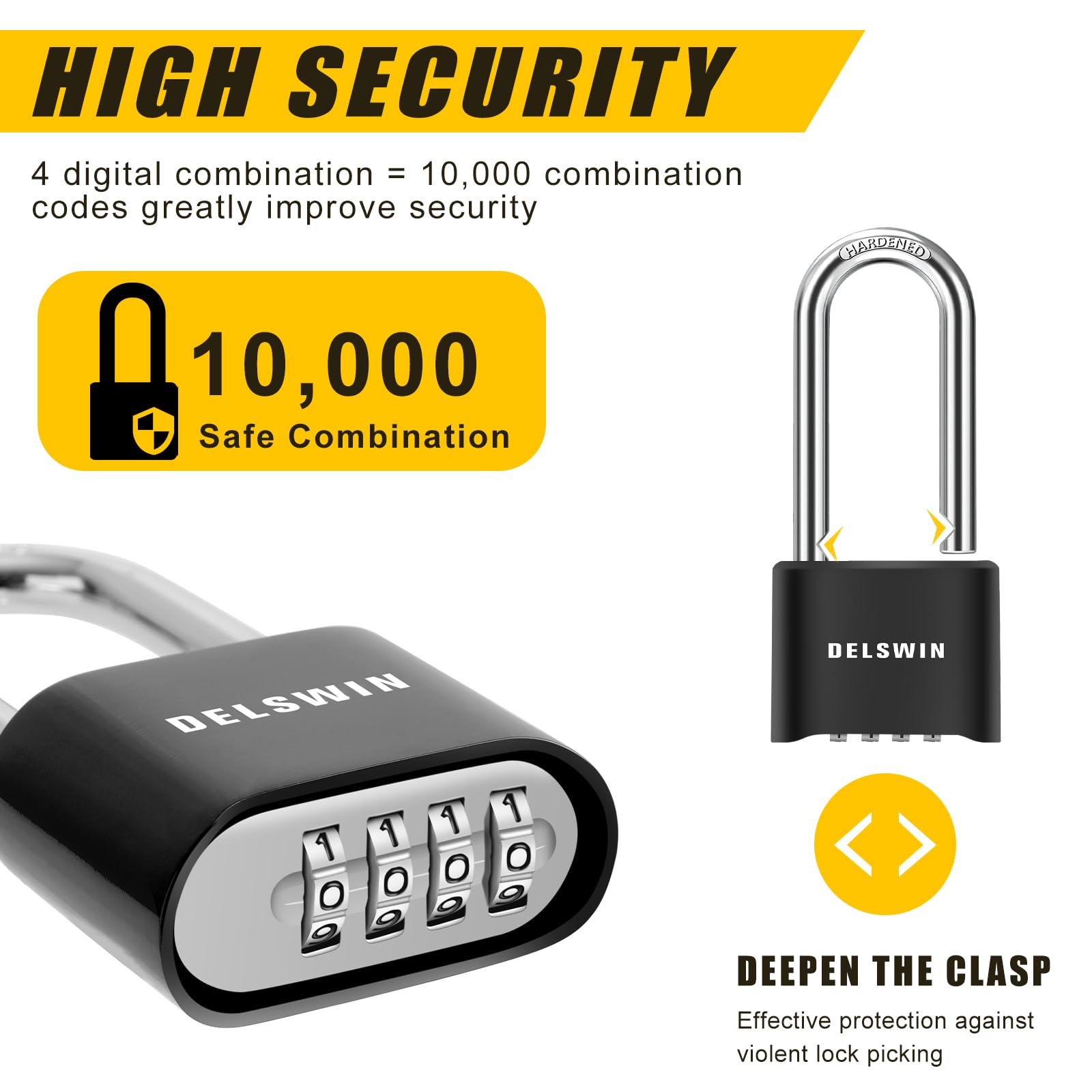 Delswin 4 Digit Combination Padlock - Weatherproof Outdoor Lock with 2.5