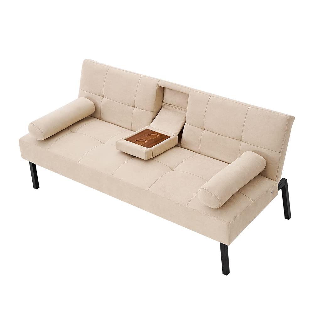 Panana Modern Convertible Futon Sofa Bed - Linen Fabric Upholstered, 5-Angle Adjustable with 2 Cup Holders, Beige | Space-Saving Daybed & Guest Bed for Small Apartments, Dorms & Home Offices