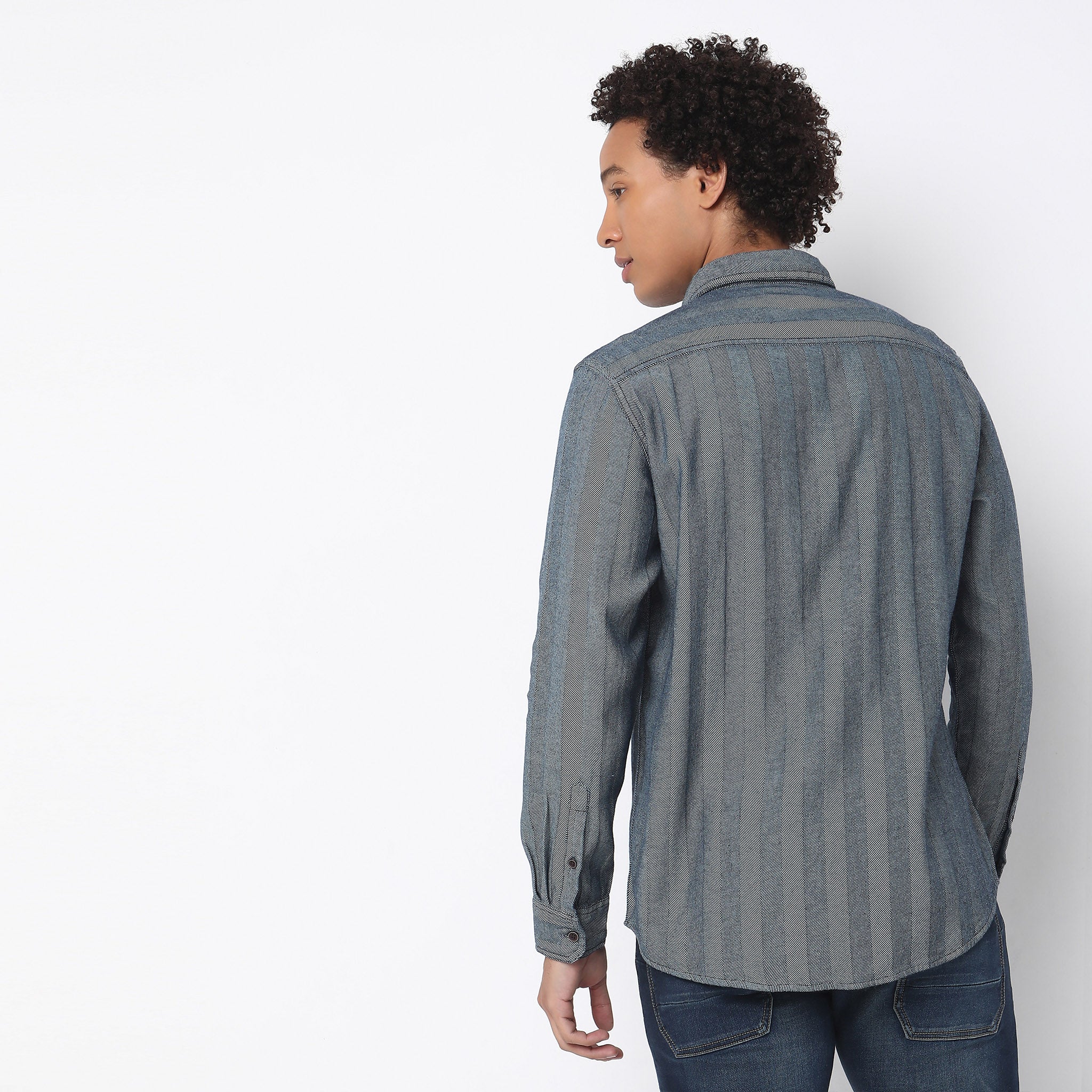 Cruiser™ Indigo Herringbone Authentic Modern Denim Shirt for Men - Regular Fit Casual Wear for Everyday Style
