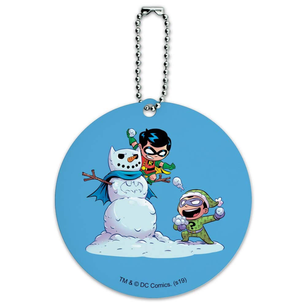 Robin and Riddler Snowball Fight Round Luggage ID Tag - Durable Suitcase Name Tag for Carry-On Bags - Perfect for Travel Identification and Themed DC Comics Fans