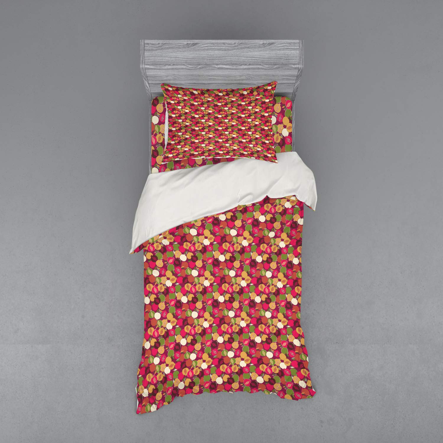 Ambesonne 3-Piece Fruit Duvet Cover Set - Twin Size Dark Magenta Multicolor Pomegranate Print Bedding with Sham & Fitted Sheet | Antioxidant-Themed Decor for Modern Bedroom, Guest Room, or Dorm