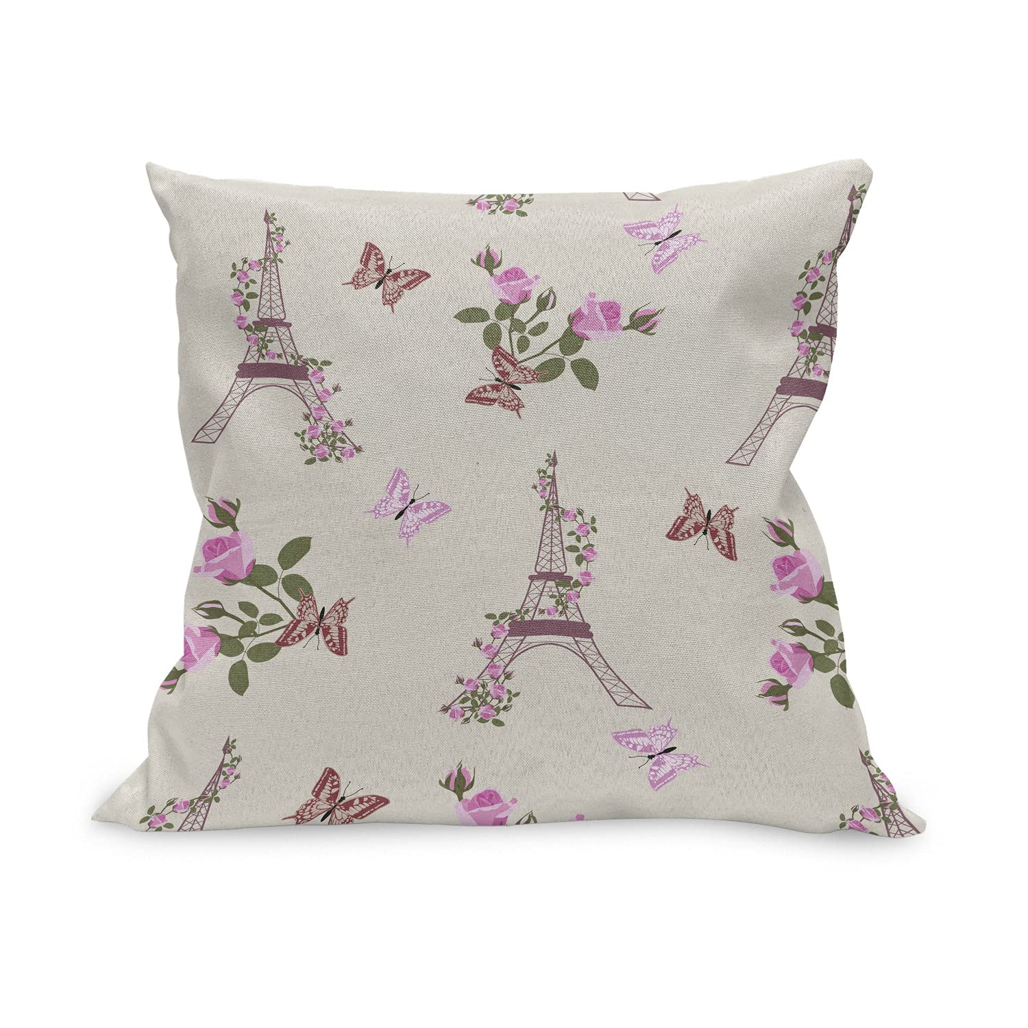 Ambesonne Paris Throw Pillow Cover 40x40 Inches - Eiffel Tower Rose Ivy & Butterflies Design, Spring Romance Valentines Decorative Square Cushion Case | Perfect for Living Room, Bedroom, Sofa Decor | Multicolor