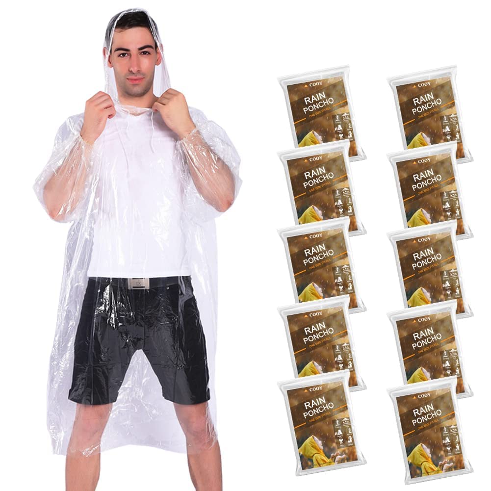 Disposable Rain Ponchos with Drawstring Hood (10 Pack) - Clear Emergency Rainwear for Adults & Family Outdoor Activities, Hiking, Camping, Sports Events