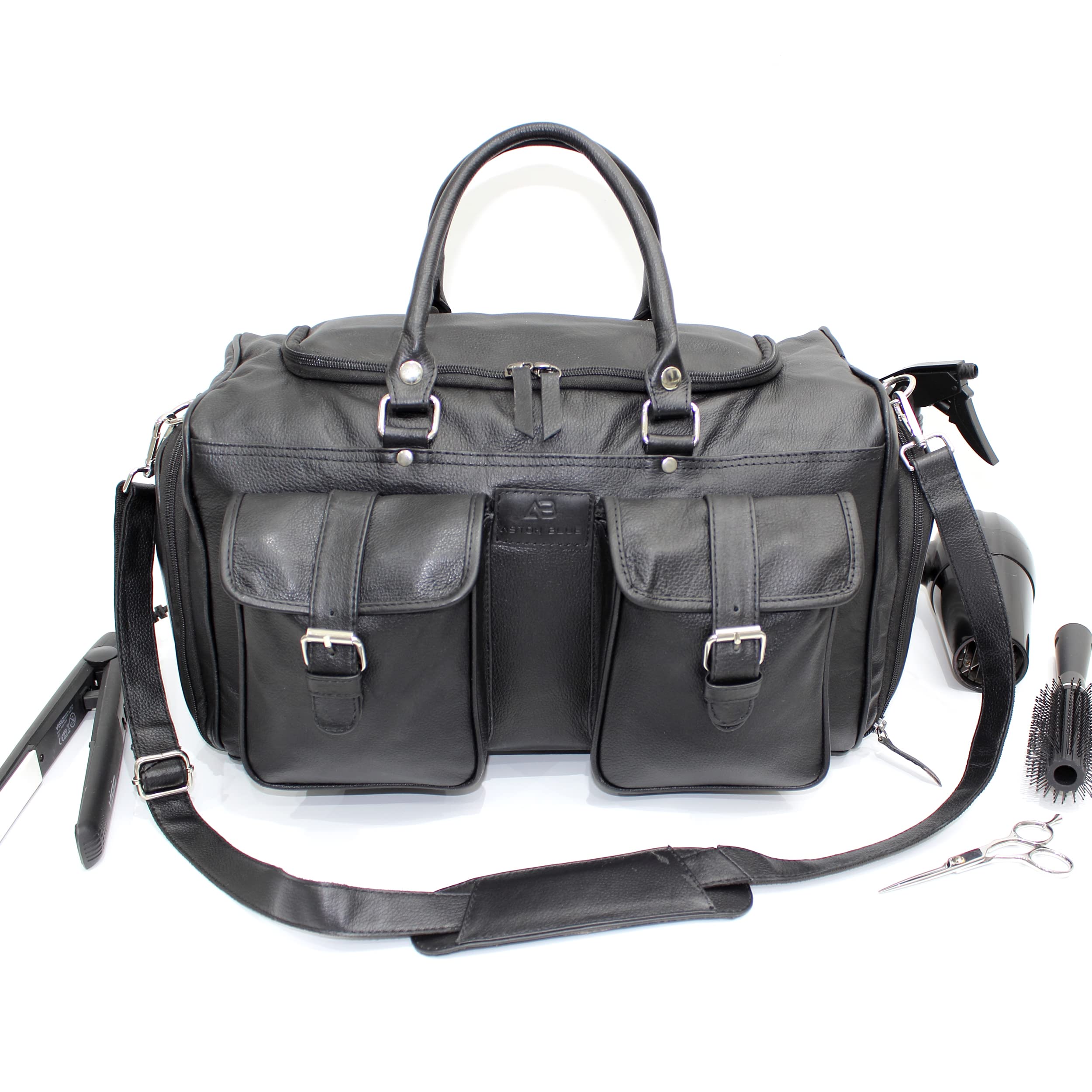 Professional Barber Leather Bag for Hair Stylists - Black Mobile Equipment Organizer - Perfect for Salon, Travel & On-the-Go Styling