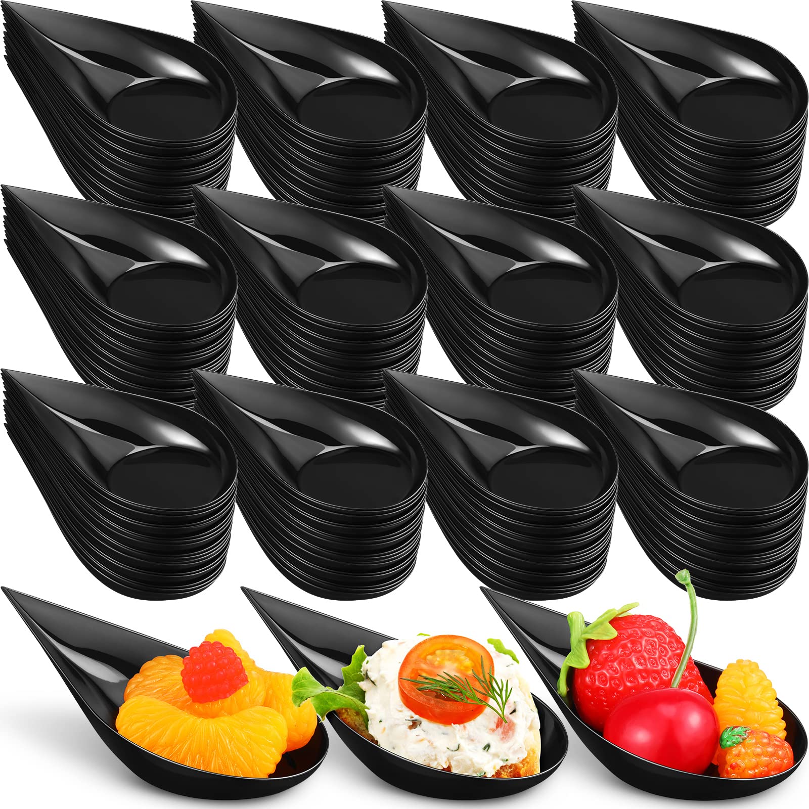 400 Pcs 4 Inch Black Plastic Appetizer Spoons - Disposable Mini Tasting Spoons & Teardrop Dessert Plates for Party, Catering, Asian Cuisine, Ice Cream, Wedding Buffet & Cocktail Events