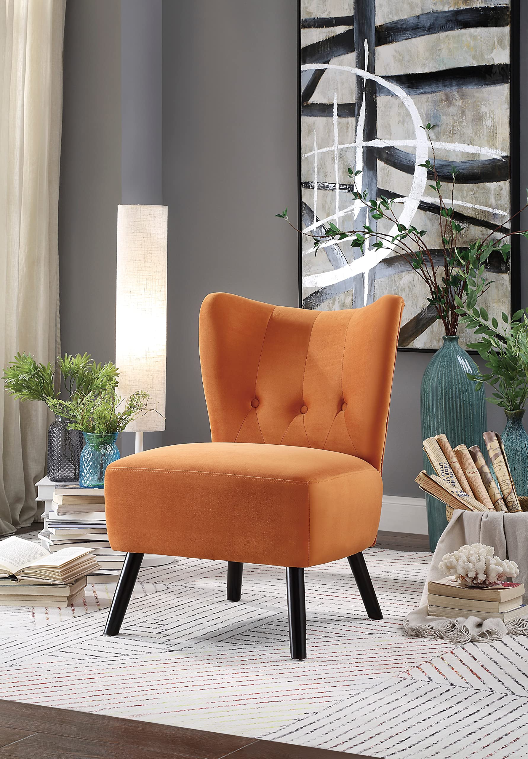 Stylish Orange Velvet Accent Chair with Button-Tufted Back & Brown Wood Legs - Modern Home Decor for Living Room, Bedroom or Office