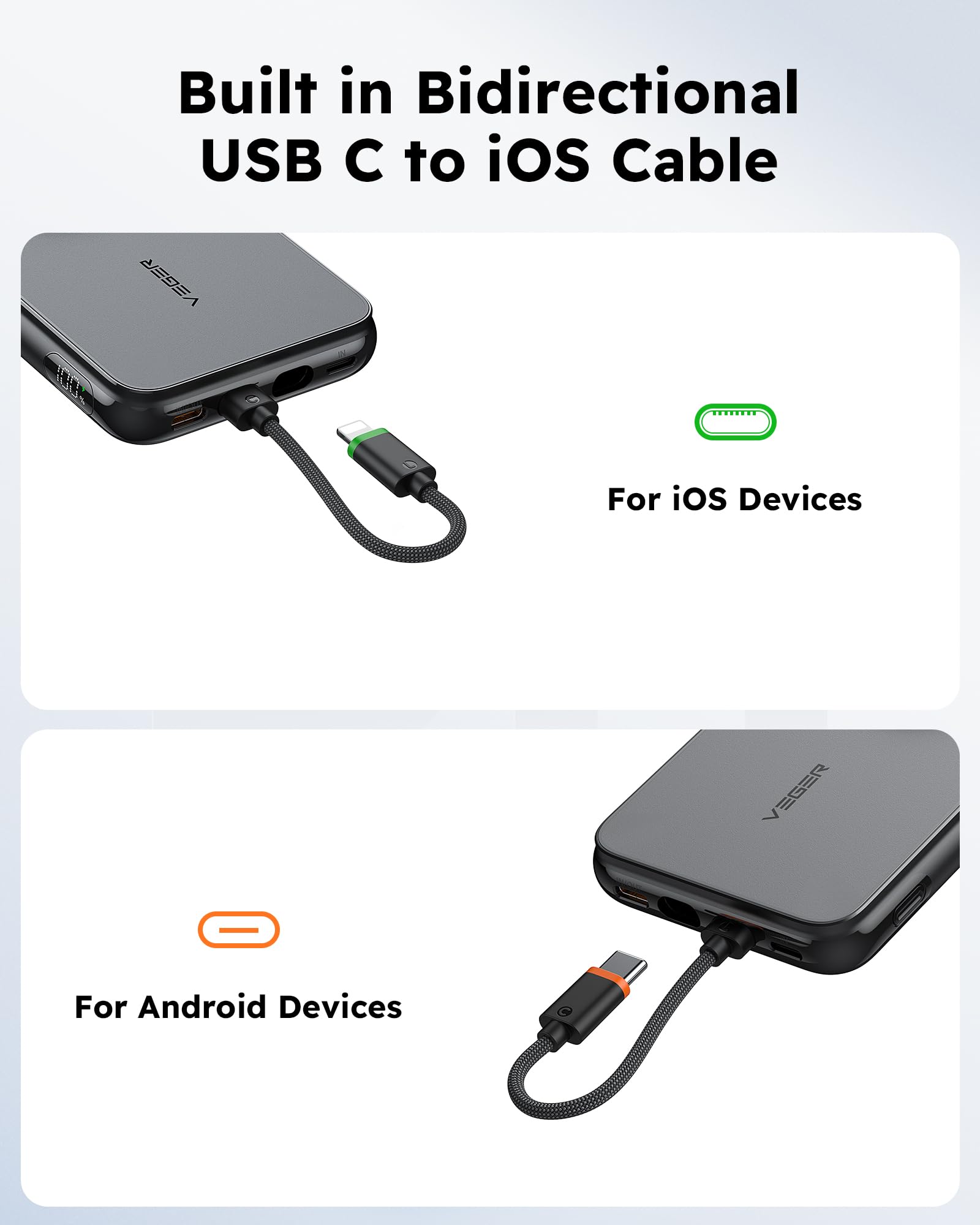 VEGER 10000mAh Portable Charger with Built-in Removable Cables - PD 20W Fast Charging Power Bank for iPhone 15/14/13 Pro Max, Samsung Galaxy, Apple Watch (Black) | Perfect for Travel, Camping & Emergency Charging