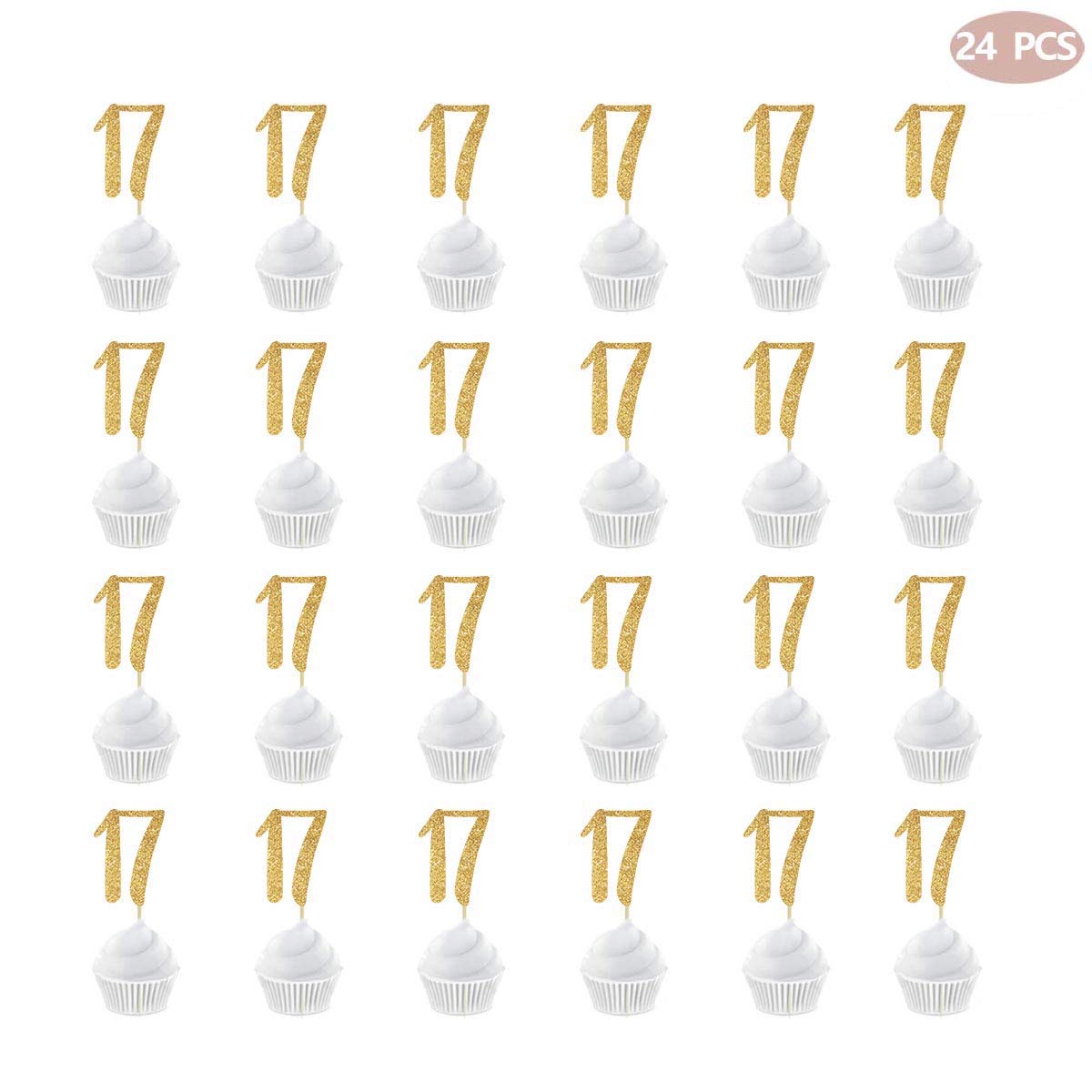 24-Pack Gold Happy 17th Birthday Cupcake Toppers with Glitter Number 17 - Party Decorations for Sweet 16, Teen Birthday, Graduation & Anniversary Celebrations