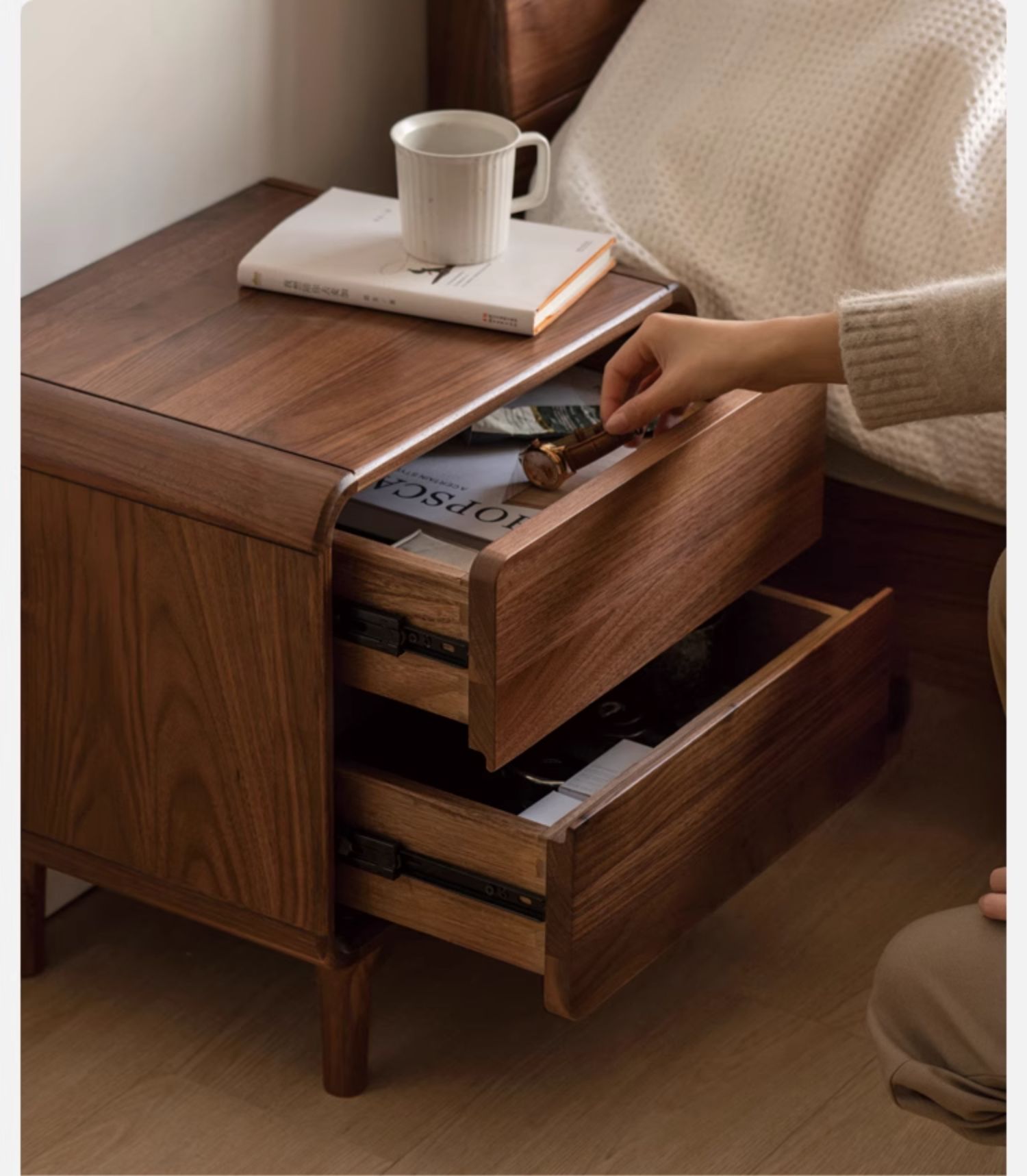Black Walnut Solid Wood Minimalist Nightstand - Modern Bedside Table with Drawer for Bedroom, Living Room & Office - Durable & Stylish Storage Solution