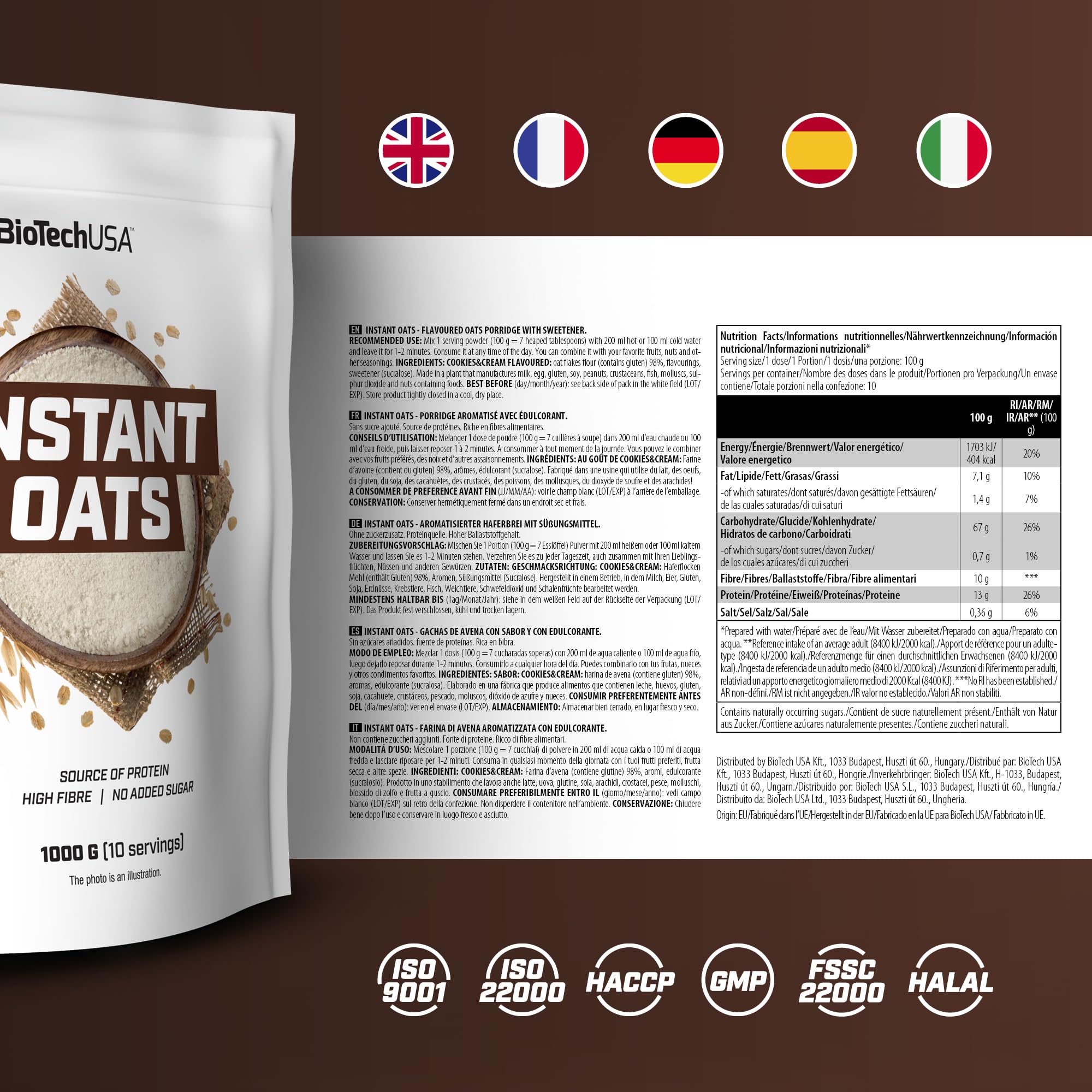 BioTechUSA Instant Oats - High Fiber & Protein Oatmeal (35.2oz) for Breakfast & Post-Workout | Cookies & Cream Flavor | Quick & Healthy Meal Solution for Busy Lifestyles