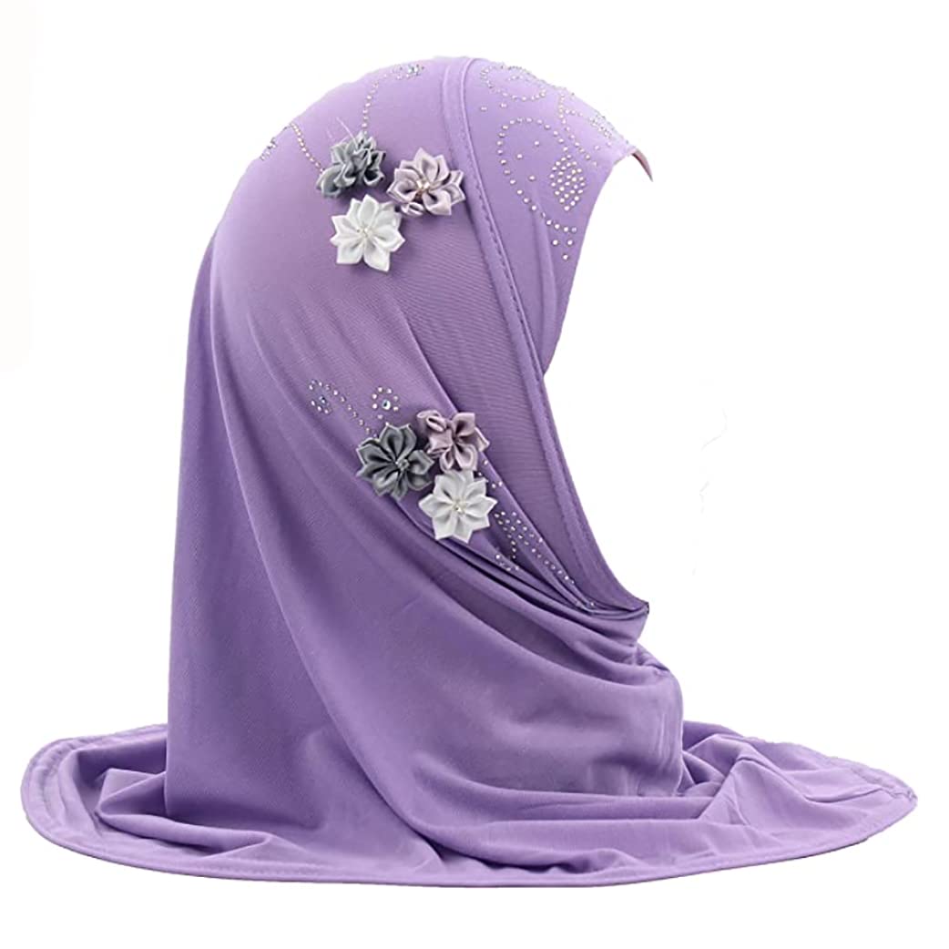 Girls Muslim Hijab Floral Lace Head Scarf - Islamic Arab Shawl for Kids with Flower Design - Perfect for School, Prayer & Special Occasions