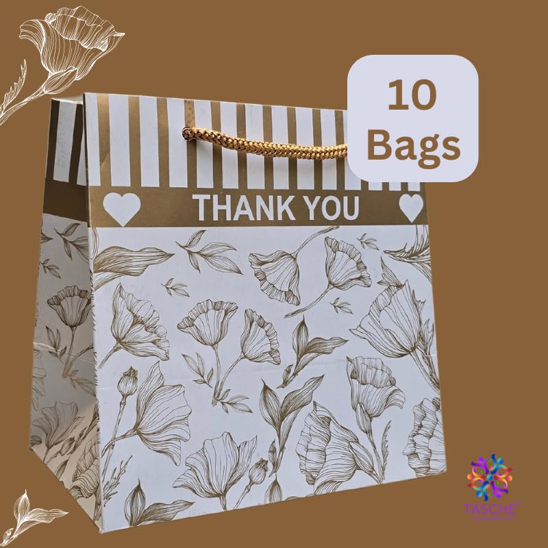 Golden Floral Design Thank You Gift Bags - Elegant Paper Favor Bags for Birthday, Wedding, Baby Shower & Holiday Presents (Pack of 10, 6x4x6 Inches) - Perfect for Party Favors, Bridesmaid Gifts & Special Occasions