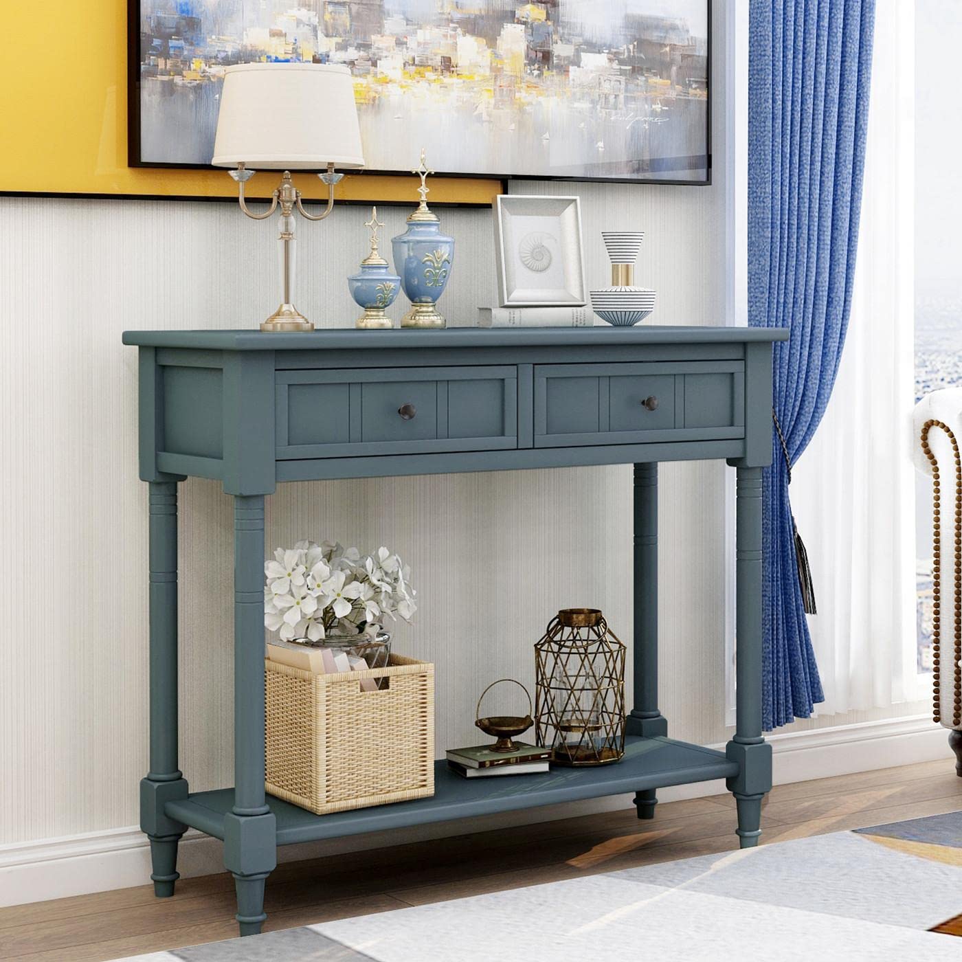 JINS&VICO Navy Blue Console Table with 2 Drawers & Bottom Shelf - Entryway Sofa Table, Sideboard for Living Room, Dining Room - Perfect for Hallway Storage & Home Decor