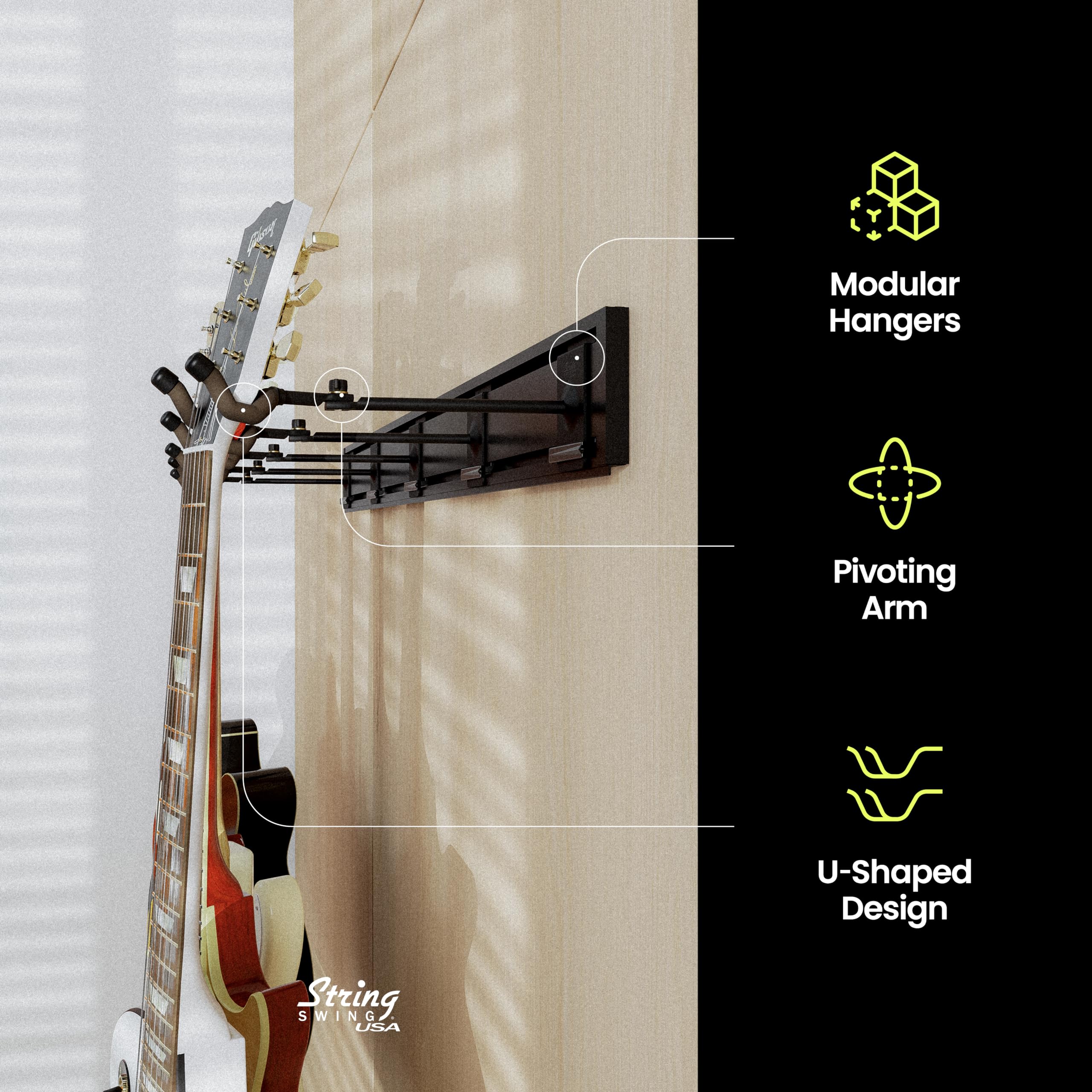 String Swing Guitar Wall Rack - 5 Padded Hangers for Acoustic & Electric Guitars | Wall Mount Guitar Organizer with Black Slatwall Rail | Made in USA | Perfect for Home Studios, Music Rooms & Stage Setups