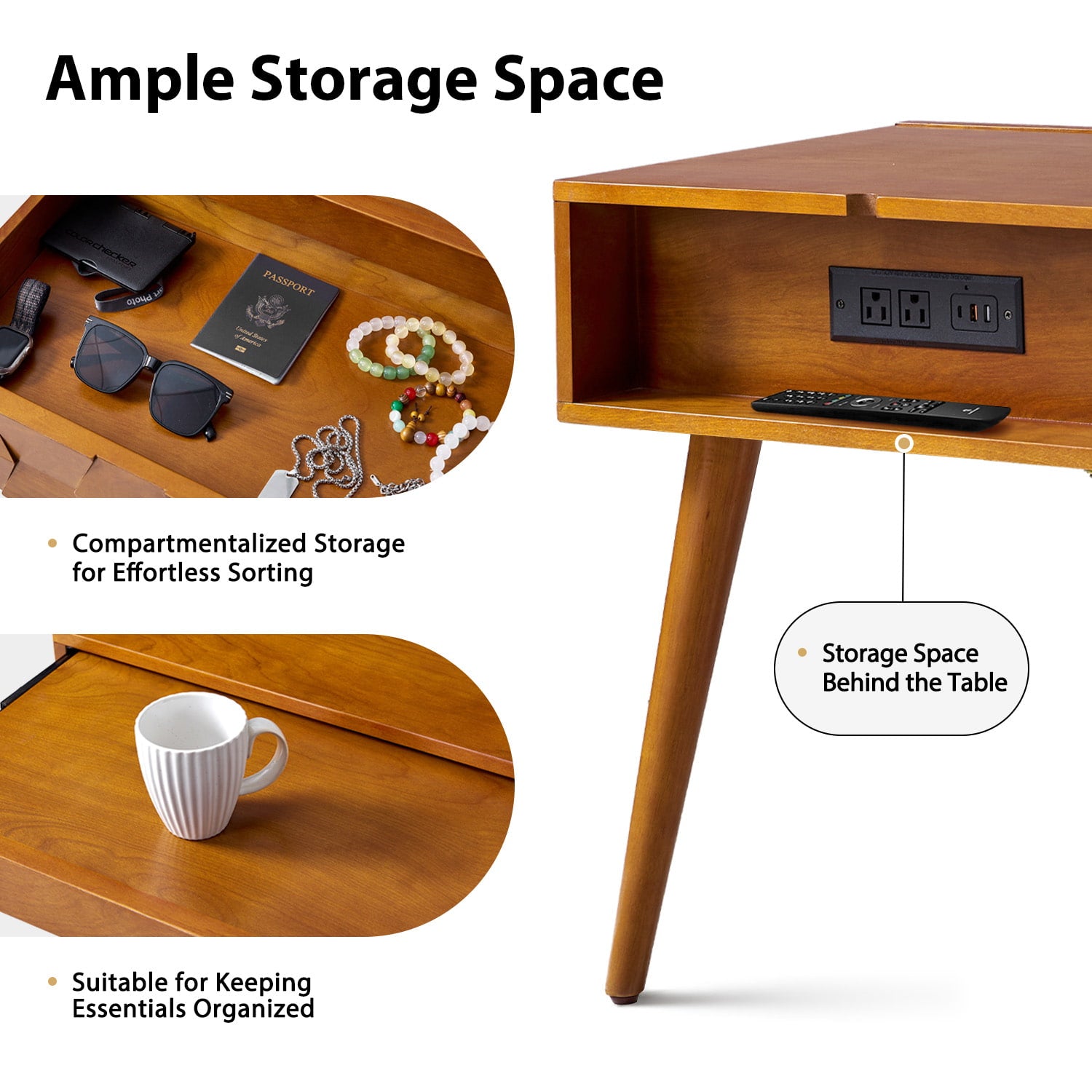 Vivian Mid-Century Modern Nightstand with USB Charging Station - Wooden Bedside Table with Drawer & Shelf - Perfect for Bedroom, Living Room, or Guest Room - Fast Charging & Stylish Storage Solution