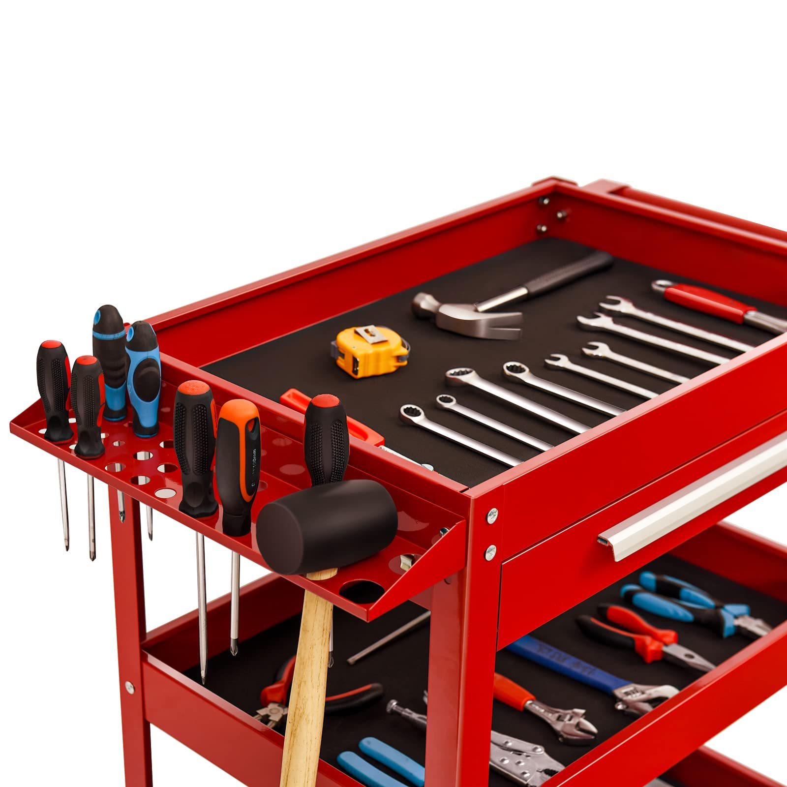 3-Tier Heavy Duty Rolling Tool Cart with Drawer - 330 LBS Capacity Industrial Utility Service Cart for Mechanics, Garage & Workshop Organization - Perfect for Auto Repair, Warehouse Tools & DIY Projects (Red)