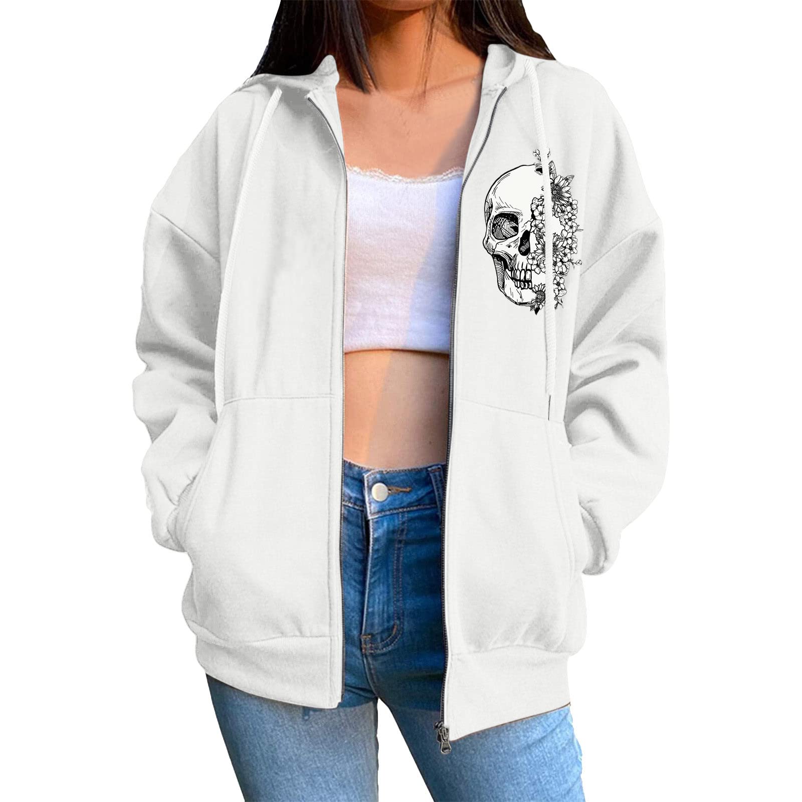 Gothic Print Oversized Hoodie for Women - Zip Up Drawstring Pocket Long Sleeve Loose Fit Jacket | Cozy Streetwear & Casual Winter Outerwear for Teen Girls