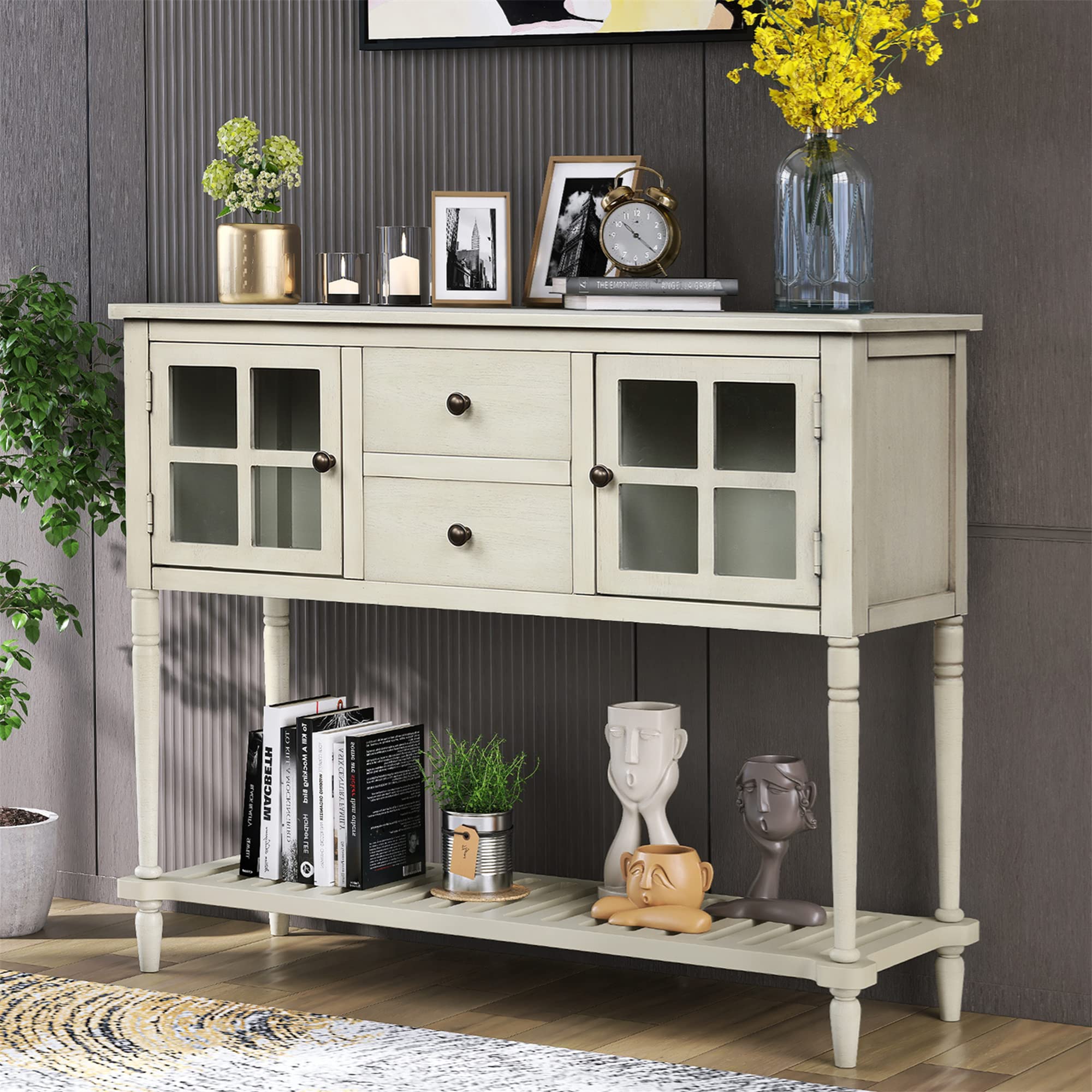 Farmhouse Console Table with Storage - Entryway Buffet Sideboard with 2 Drawers, Cabinets & Bottom Shelf for Living Room, Hallway, or Dining Room (Antique Grey) - Perfect for Home Decor, Organization & Stylish Storage Solutions