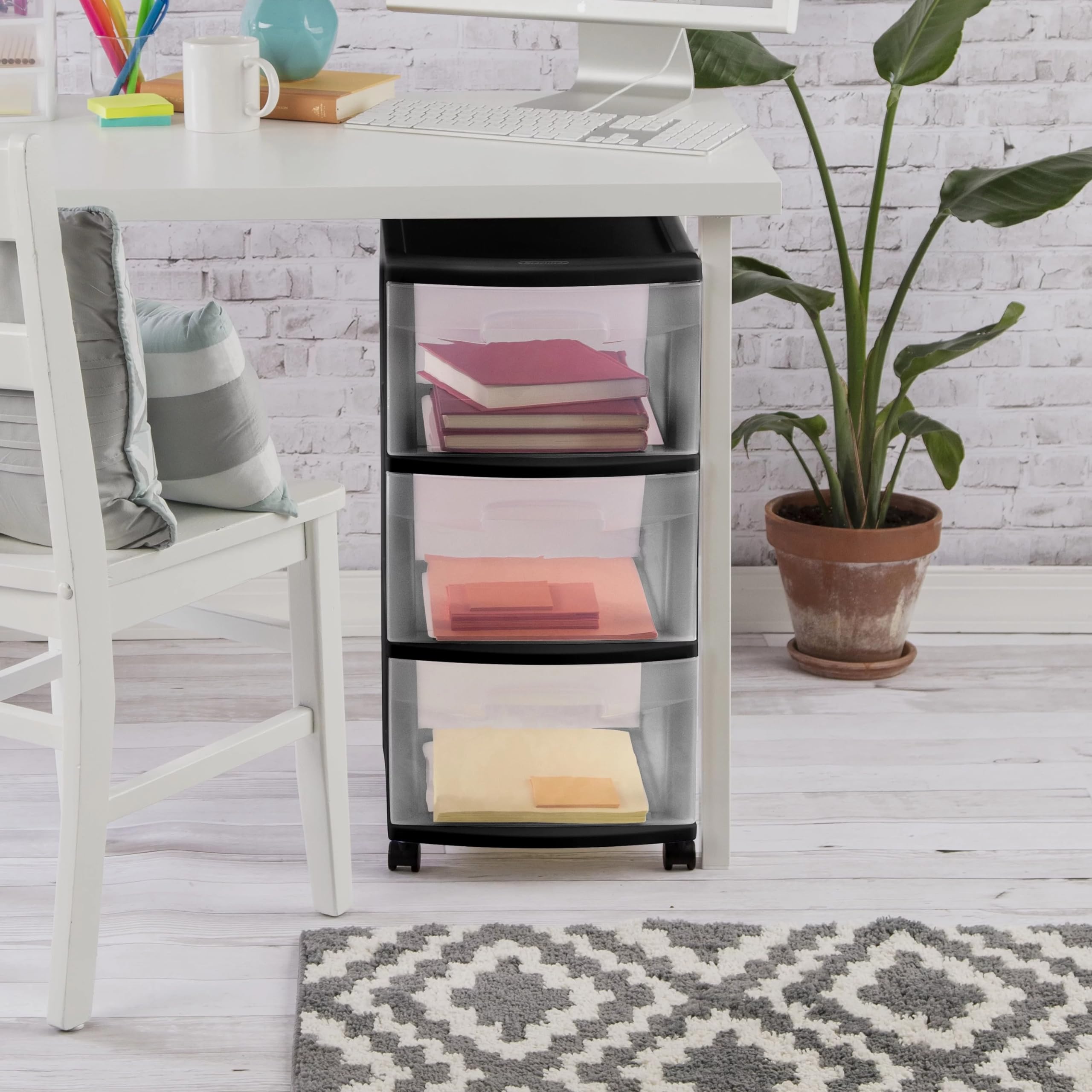 3-Drawer Plastic Storage Cart with Removable Wheels - Medium Home Organization Container, White Frame & Clear Drawers - Perfect for Bedroom, Office, or Garage Storage (Black, Set of 1)