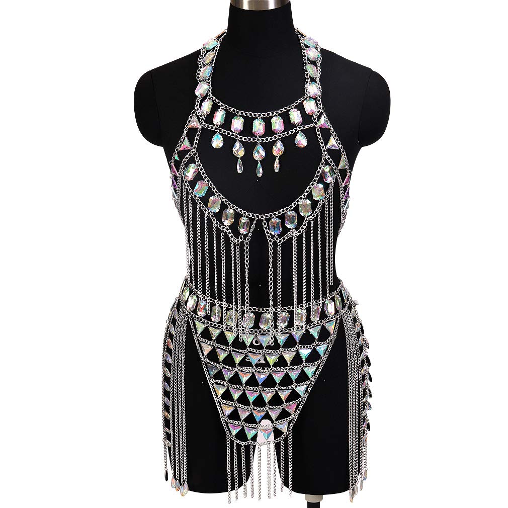 Sexy Body Chain Bra Set for Women - Crystal Acrylic Silver Bikini Harness with Tassel Necklace | Perfect for Beach Parties, Music Festivals & Boudoir Photography