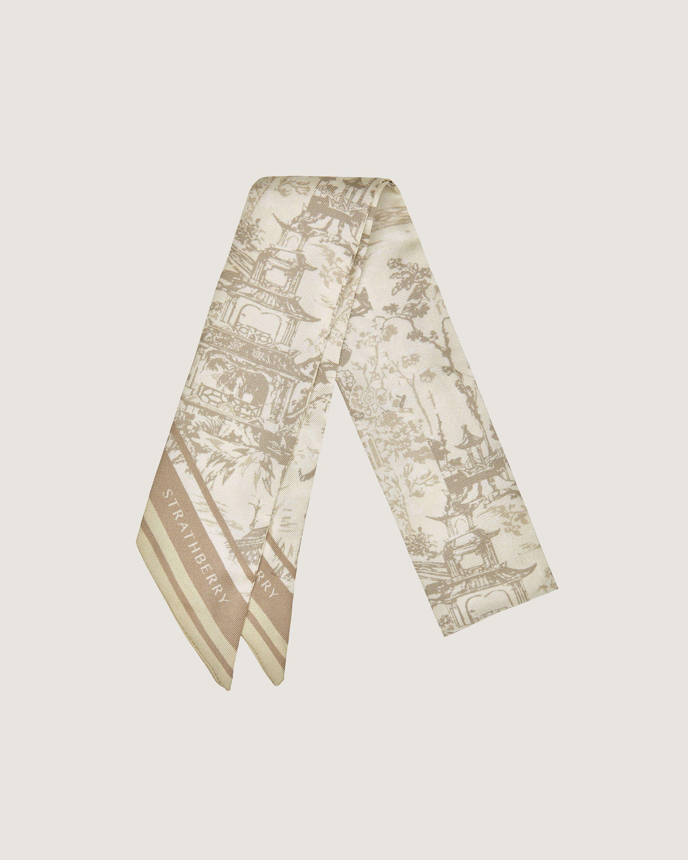 Elegant Silk Skinny Scarf in Oat & Mushroom Oriental Print - Lightweight Fashion Accessory for Women | Perfect for Office, Travel & Special Occasions