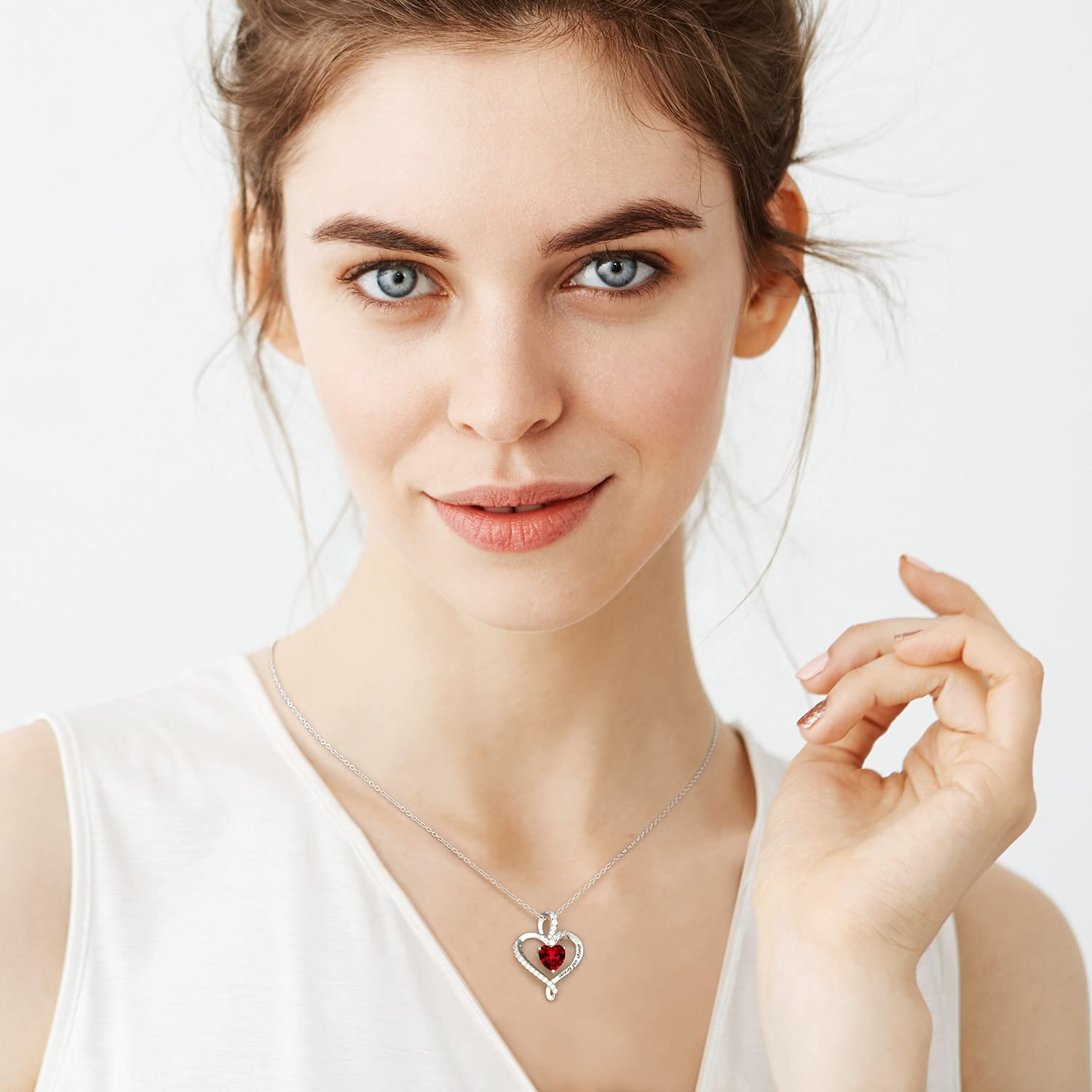 BlingGem Sterling Silver Heart Necklace for Women - 5A CZ Birthstone Pendant Jewelry, Perfect Gift for Mom, Wife, Girlfriend | Valentine's Day, Anniversary, Birthday Gift Idea | I Love You Always and Forever