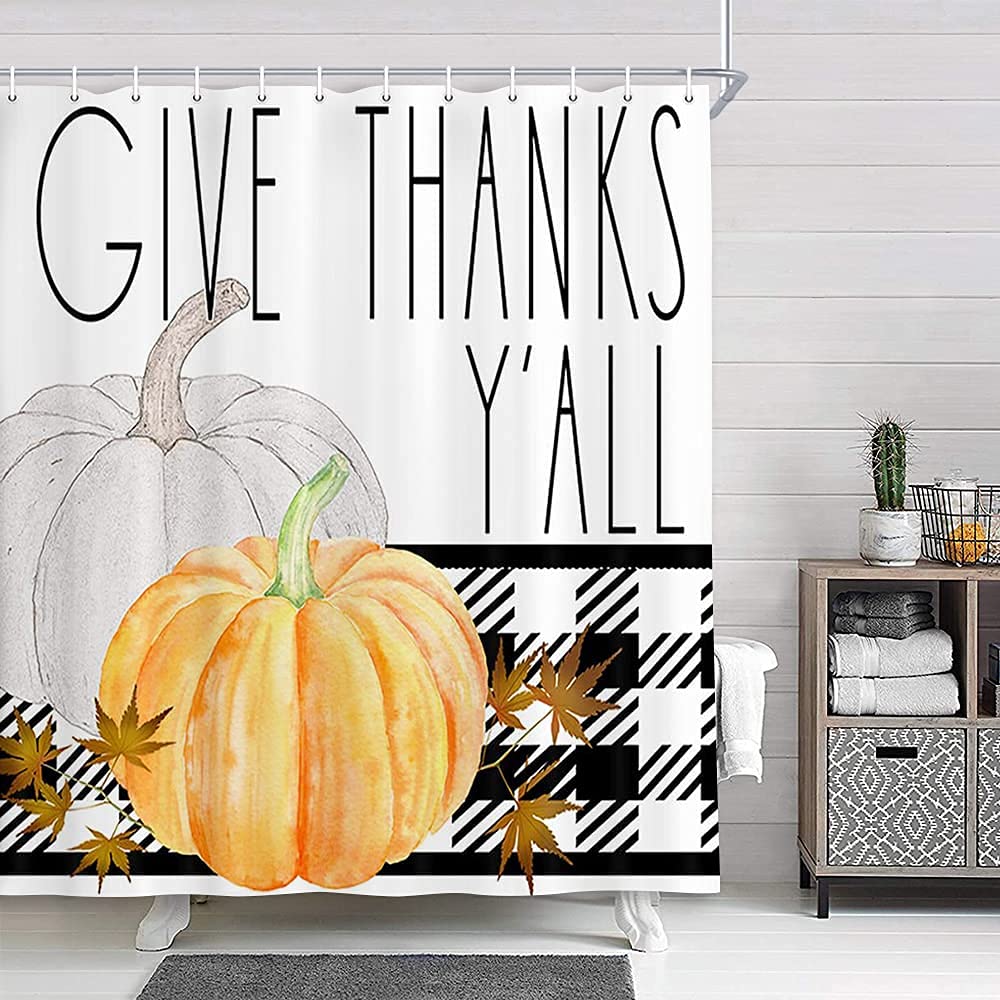 Rustic Farmhouse Thanksgiving Pumpkin & Maple Leaf Buffalo Check Plaid Shower Curtain - Black & White Bathroom Decor (72x72 Inches) for Autumn Fall & Holiday Season Home Decor