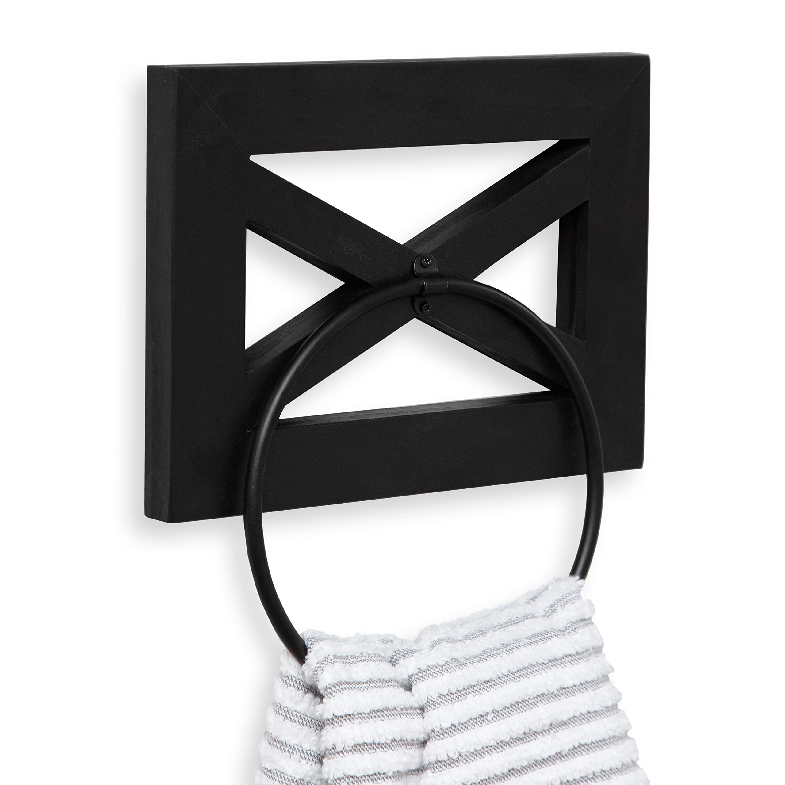 Ilyapa Rustic Hand Towel Ring for Bathroom - Wall Mounted Black Wood & Metal Farmhouse Towel Holder - Vintage Bathroom Decor for Kitchen, Laundry Room & Powder Room