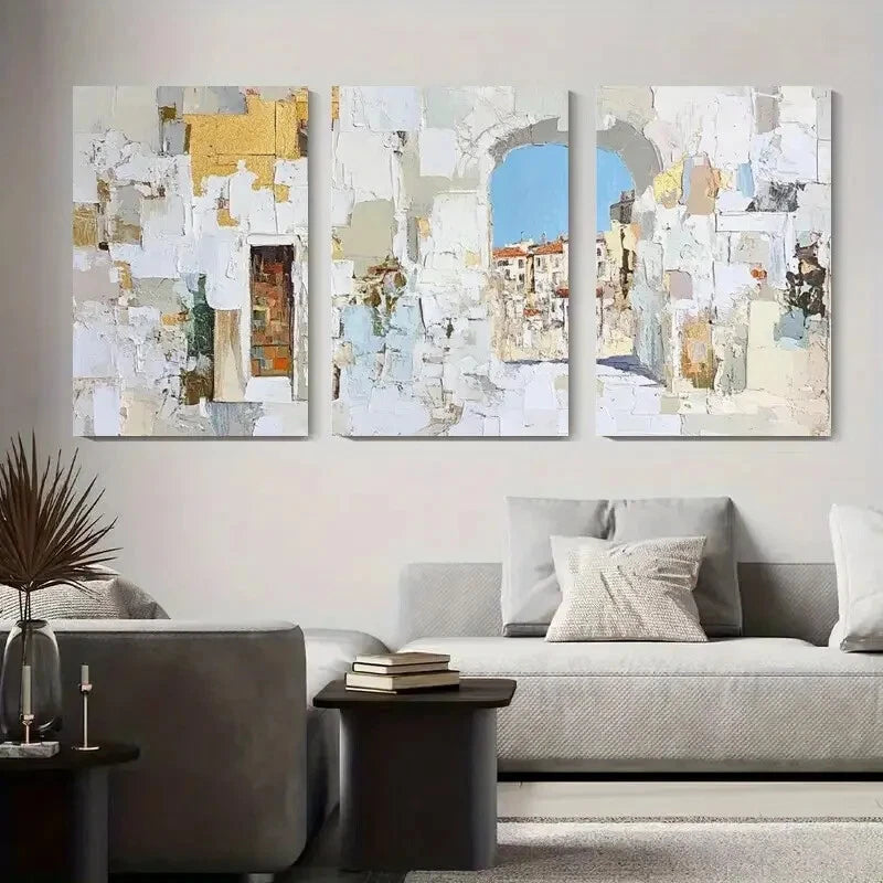 3-Piece Abstract Architectural Golden Accents Metal Wall Art - Ready to Hang Modern Home Decor for Living Room, Bedroom & Office