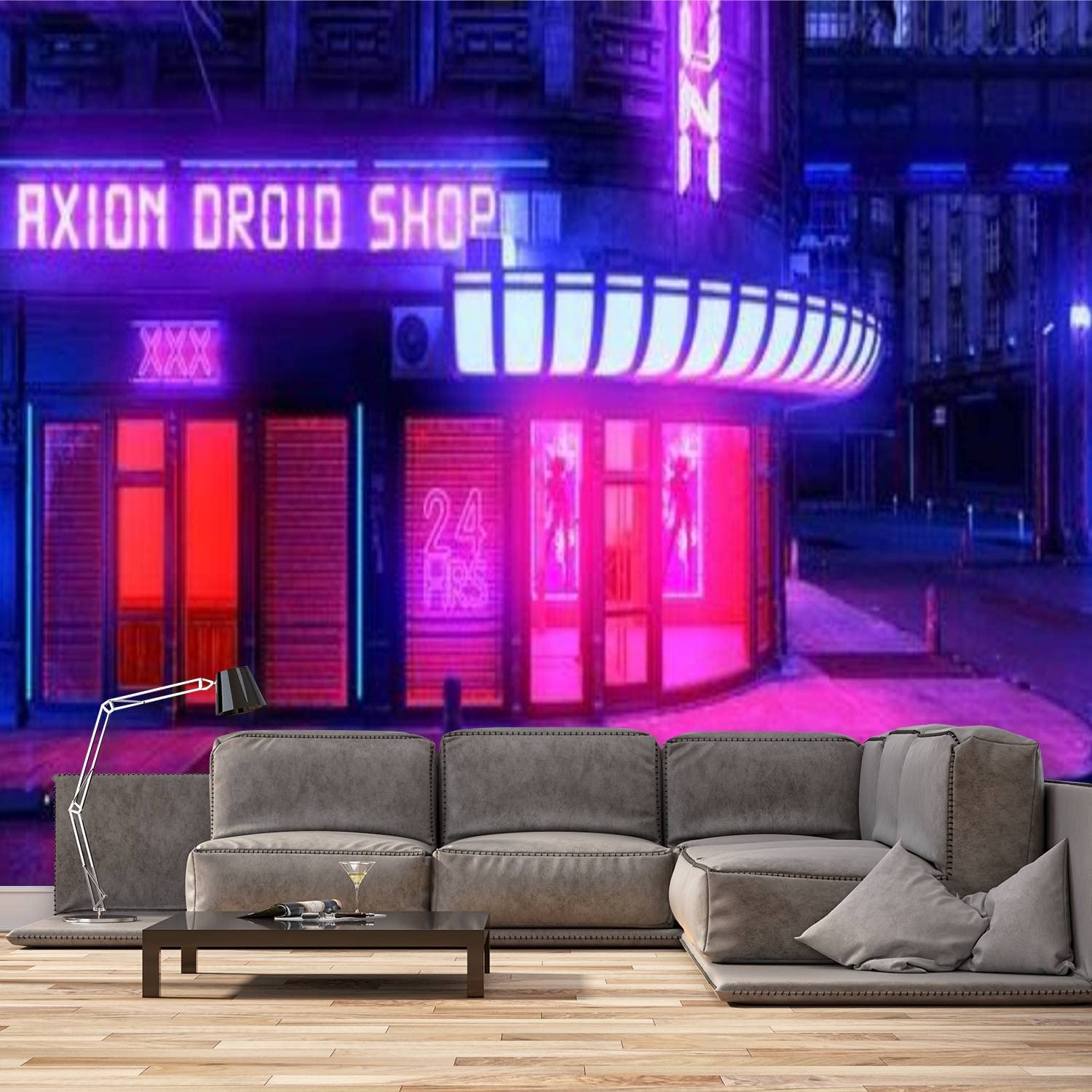 Vibrant Neon City Storefront Wallpaper - Self-Adhesive Peel & Stick Canvas Wall Mural (66x96